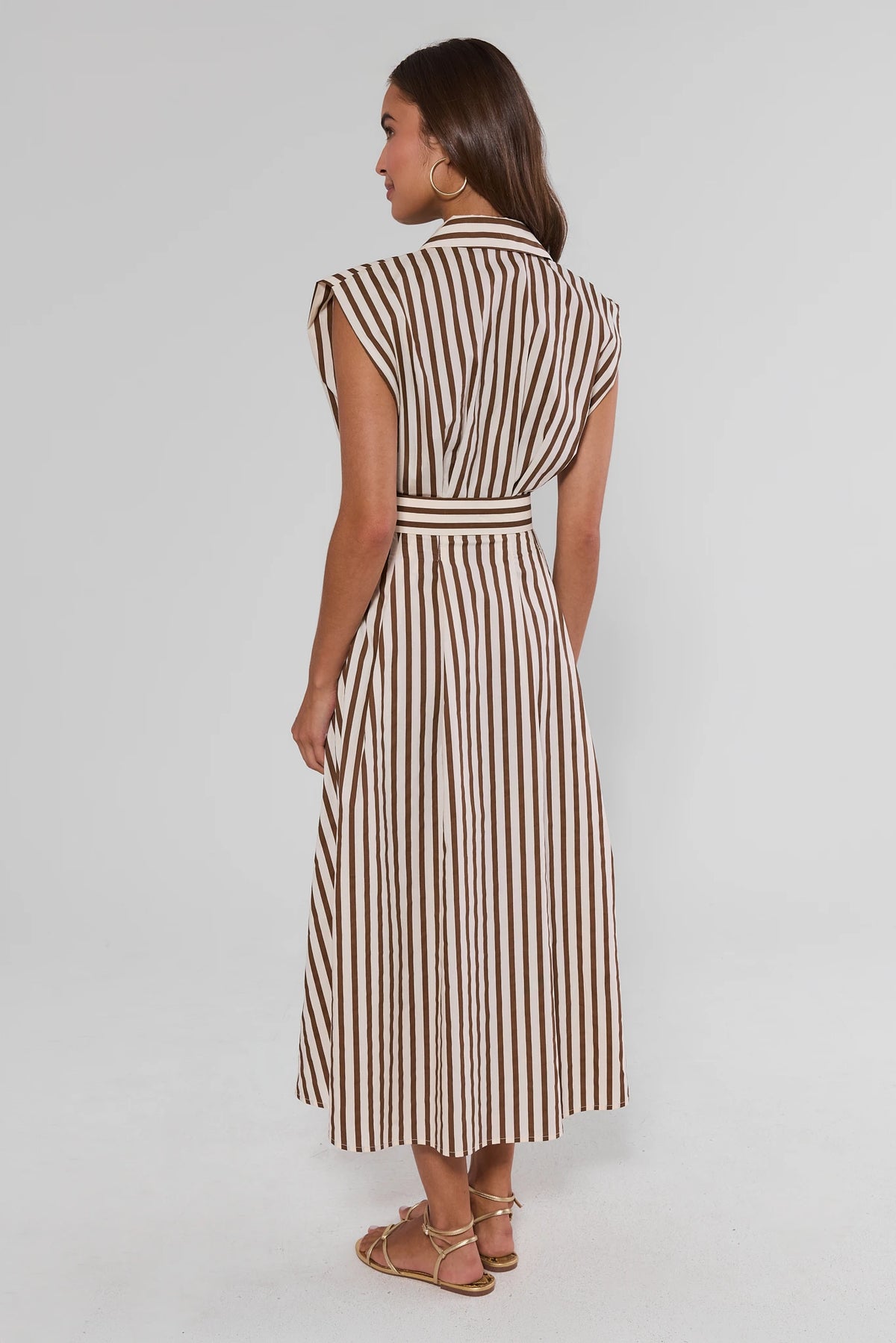 Teddie Brown Striped Midi Dress back view showing belted waist and midi hem length on model | Avara