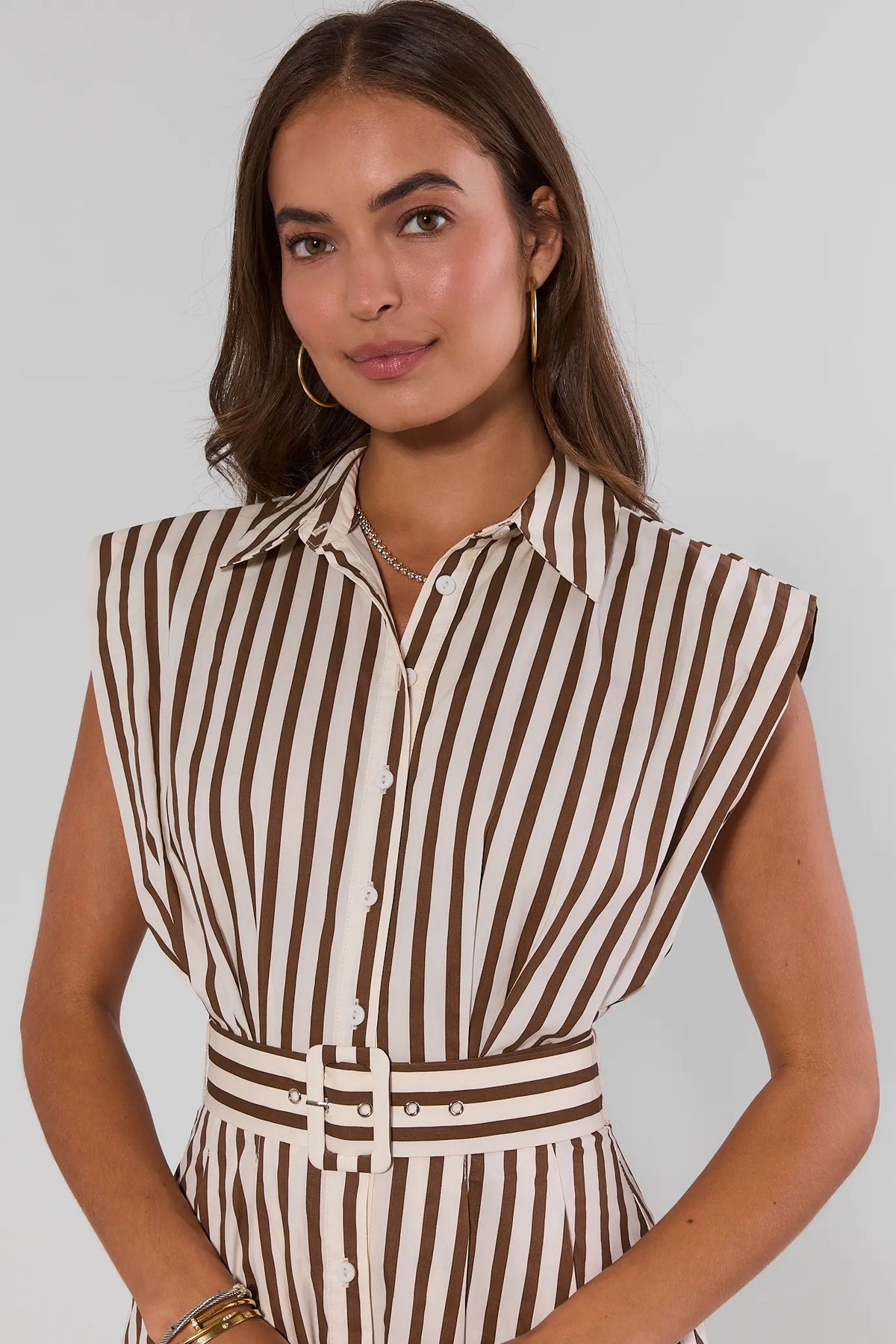 Teddie Brown Striped Midi Dress spread collar and belted waist close-up detail on model | Avara