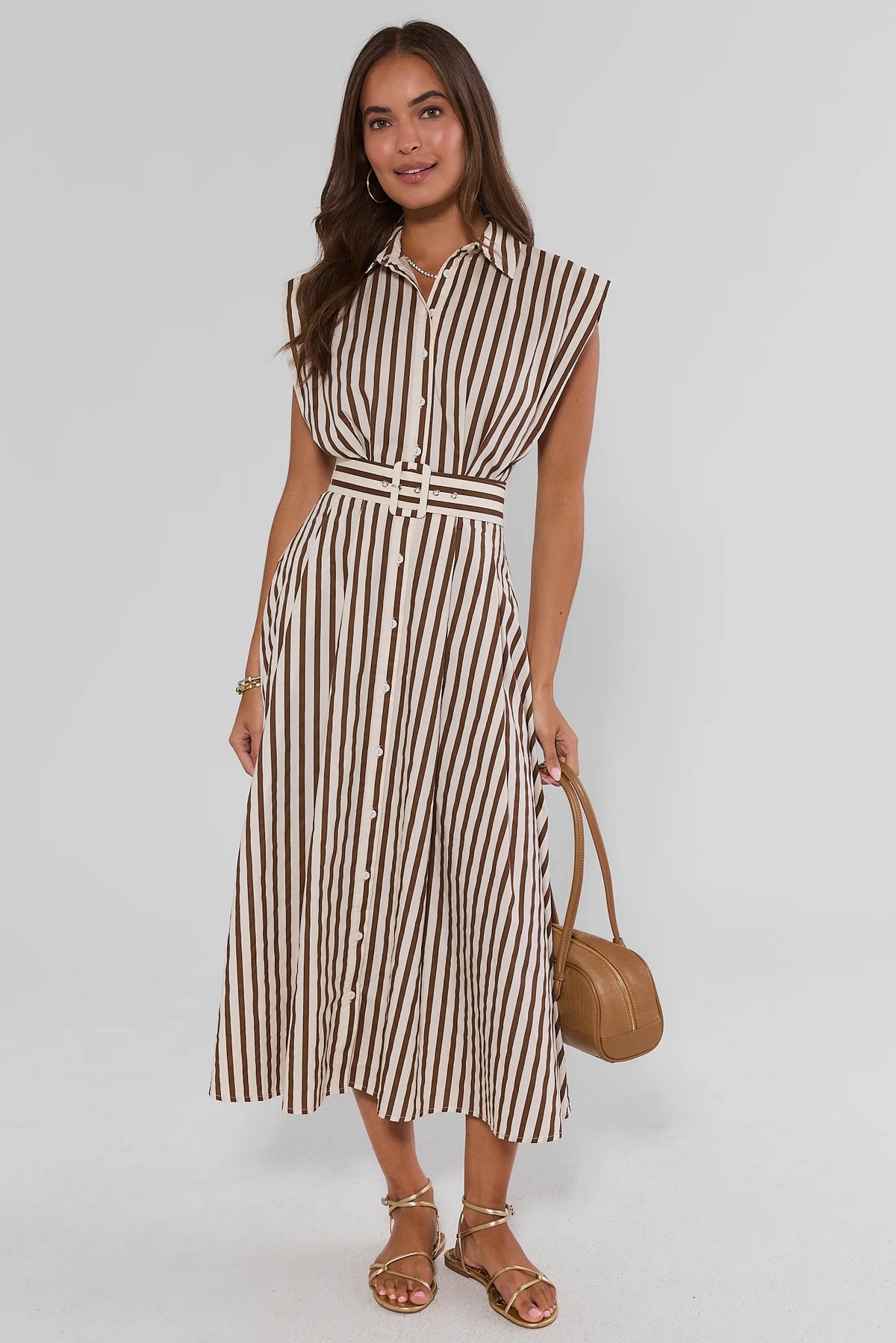 Teddie Brown Striped Midi Dress full-length front view with belt and gold sandals on model | Avara