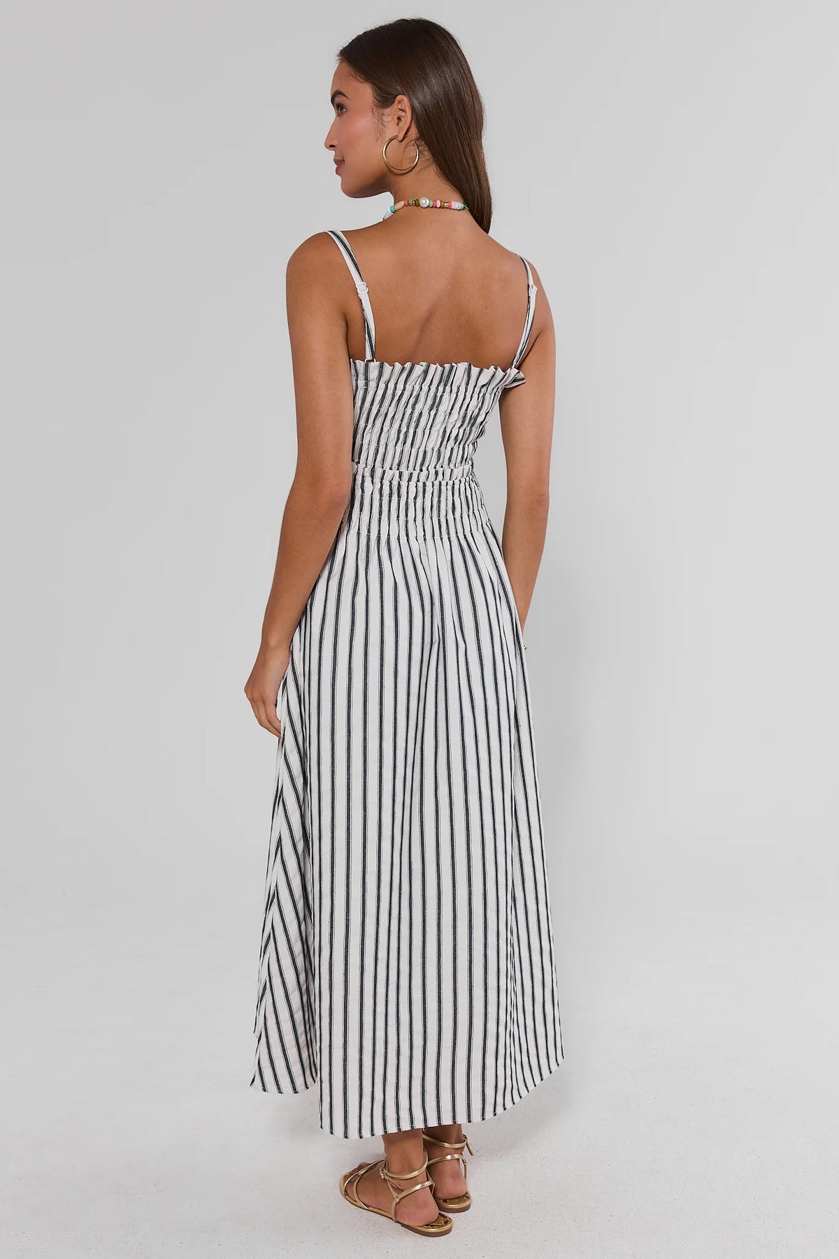 White Striped Smocked Midi Dress - Back View, Smocked Back and Open Back Detail | Avara