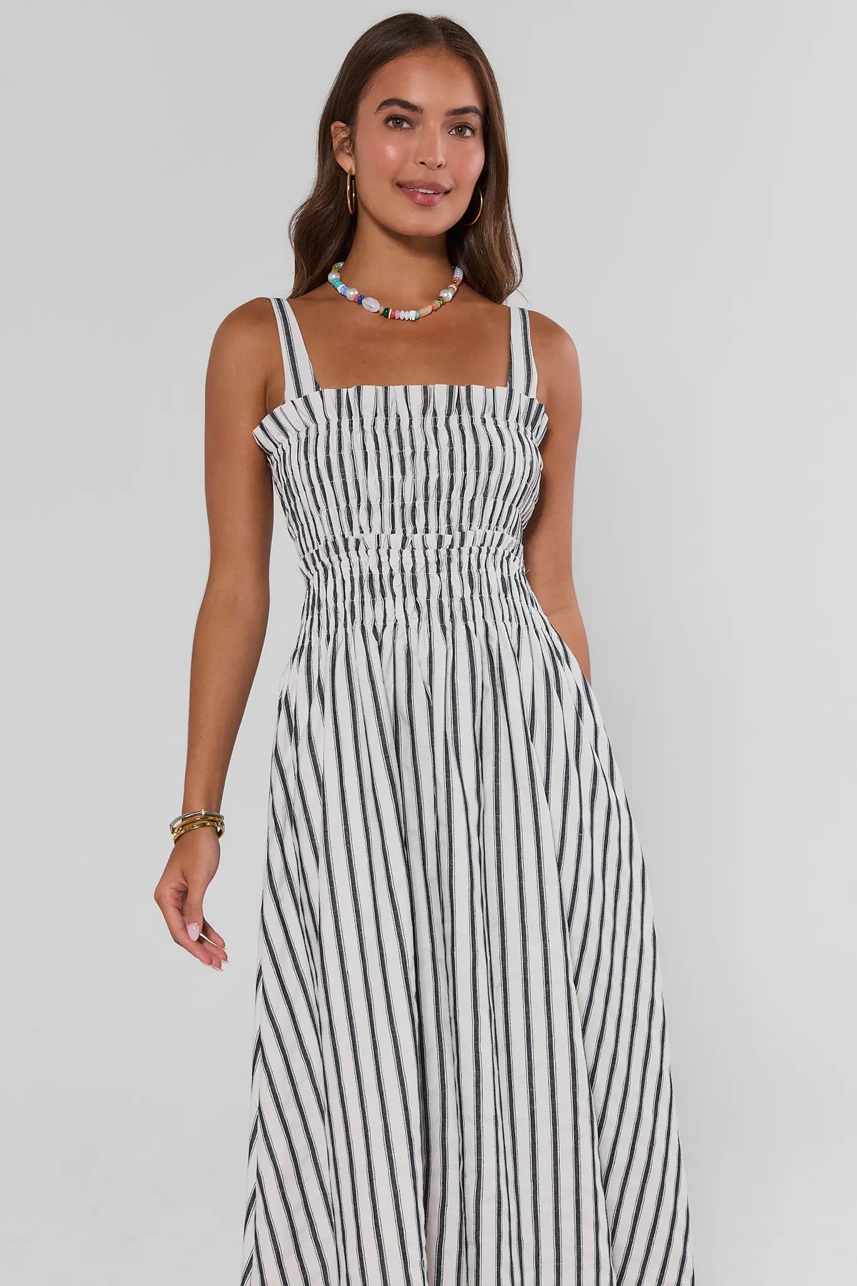 White Striped Smocked Midi Dress - Front View, Square Neckline Detail | Avara