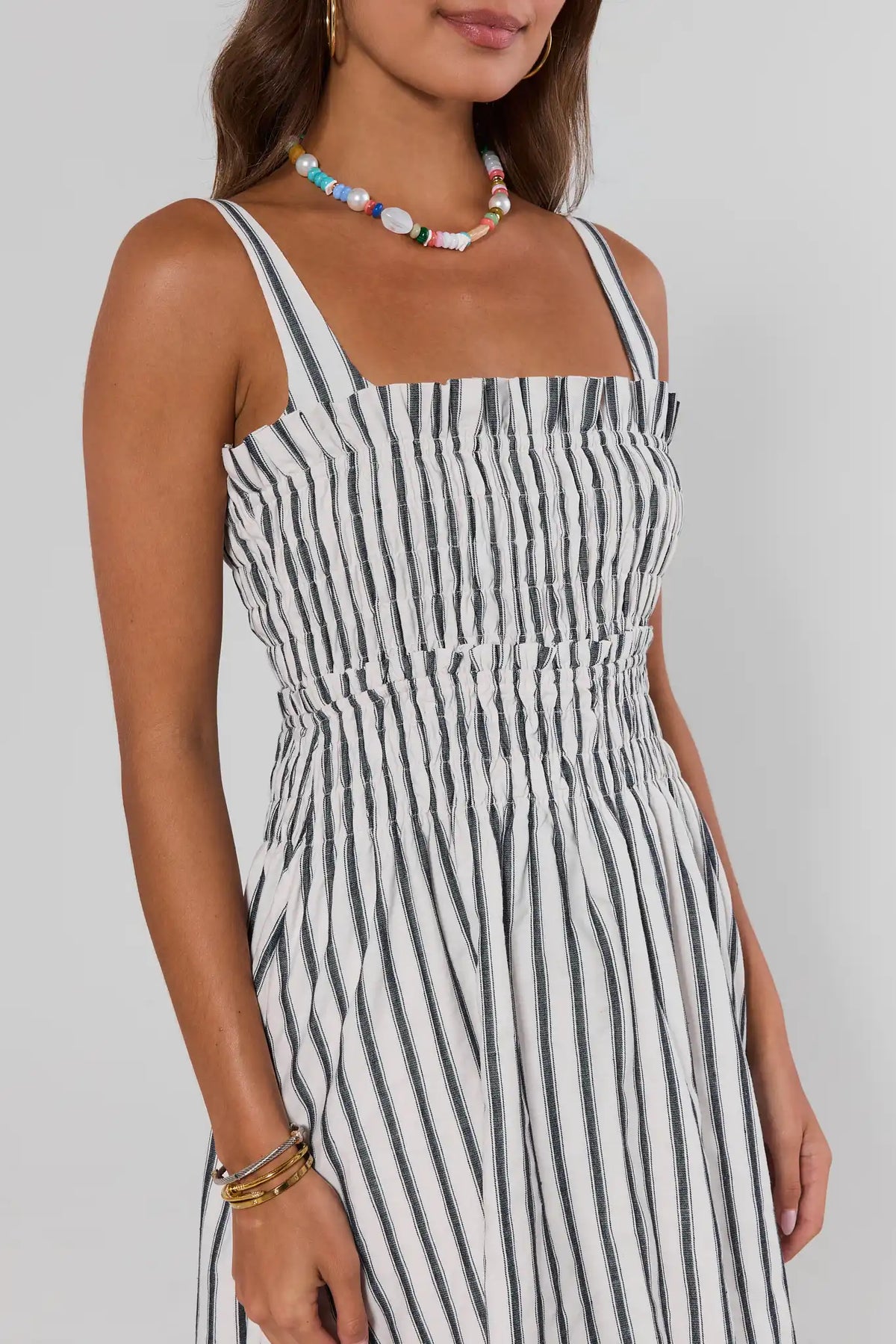 White Striped Smocked Midi Dress - Close-Up Smocked Bodice and Waist Detail | Avara