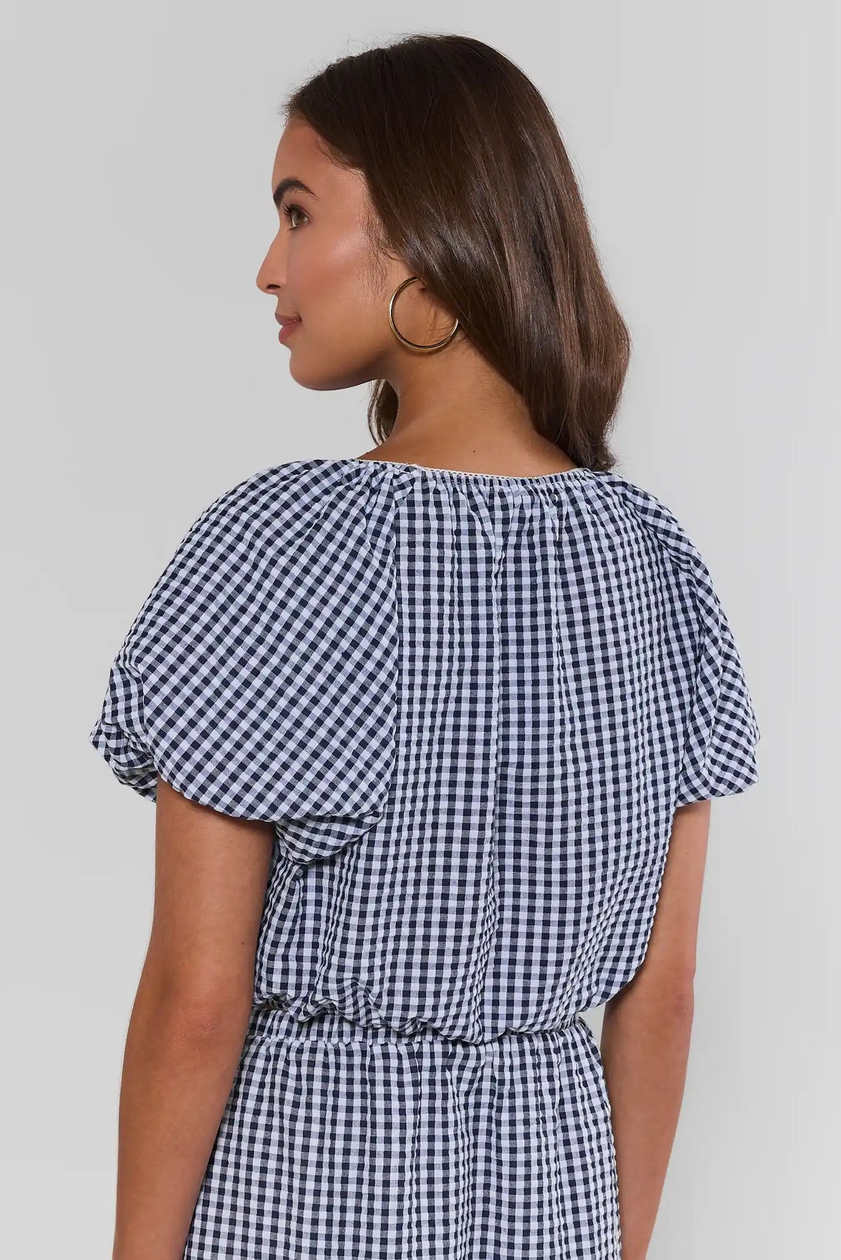 Navy Gingham Puff Sleeve Top showing bubble hem and back detail with matching skirt - Back View | Avara