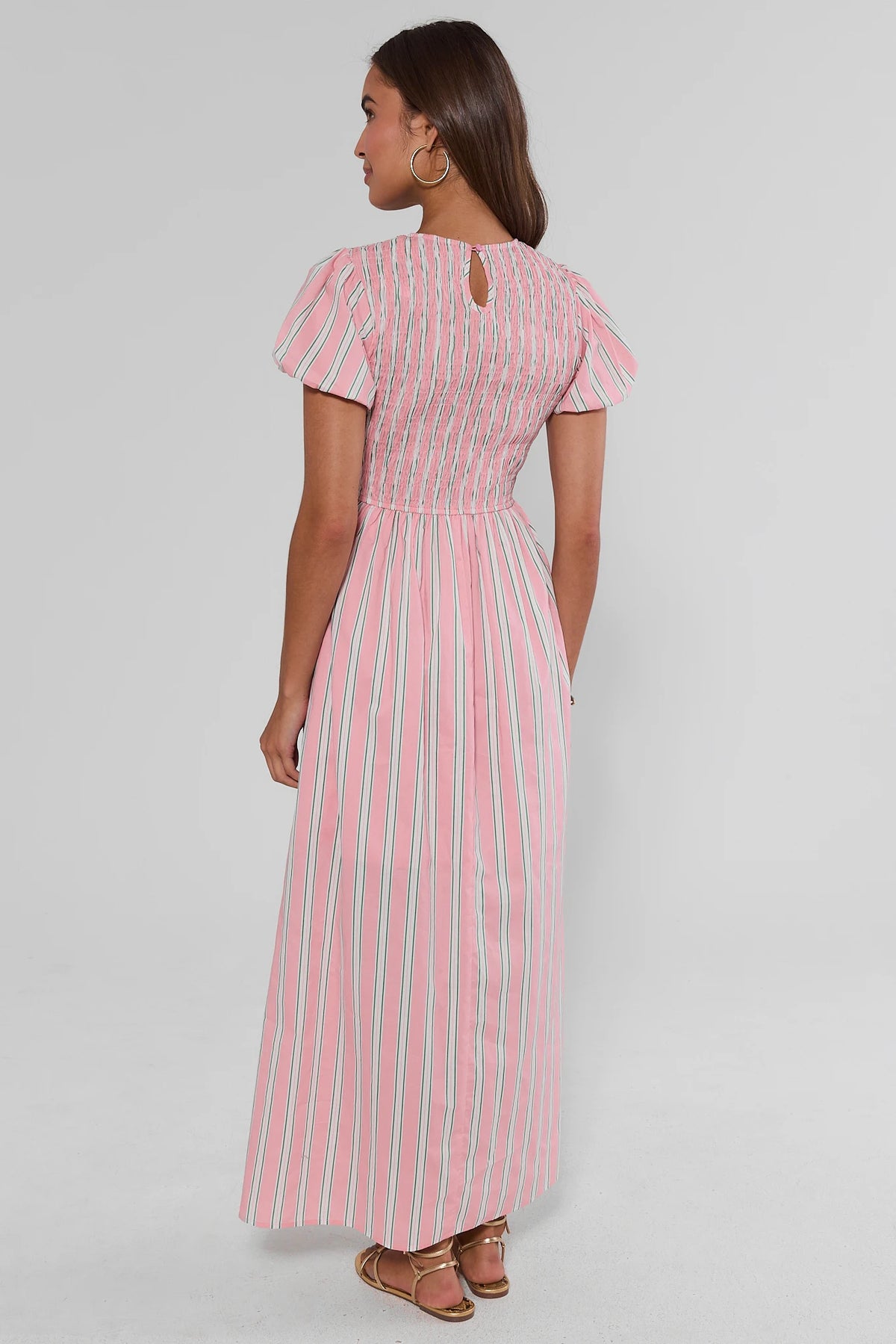 Pink Striped Smocked Maxi Dress - Back View, Keyhole Detail & Flowy Modest Skirt | Avara