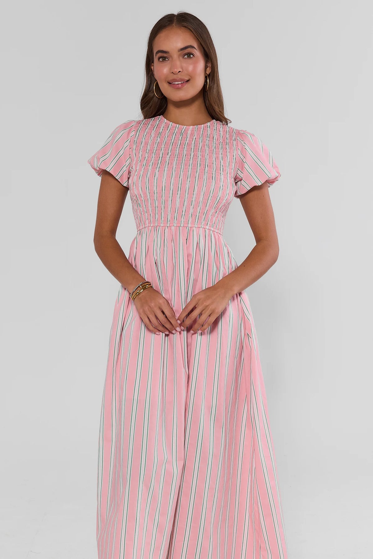 Pink Striped Smocked Maxi Dress - Front View, Modest Flutter Sleeves & Crew Neckline | Avara