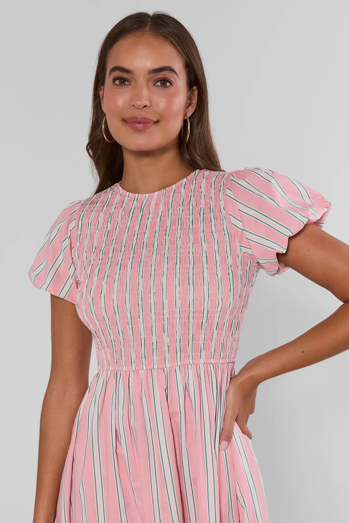 Pink Striped Smocked Maxi Dress - Close-Up Bodice Detail, Smocked Texture & Puff Sleeves | Avara