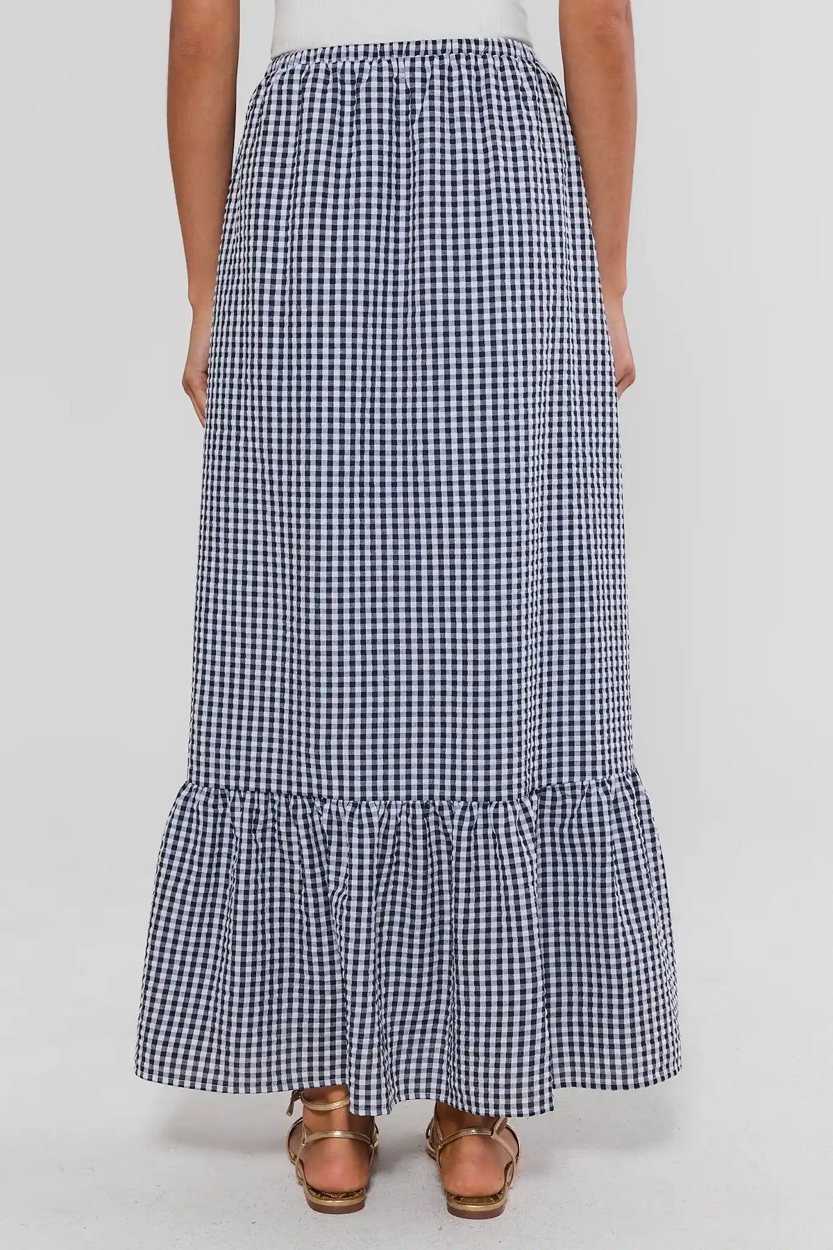 Navy gingham maxi skirt with elastic waistband and ruffle hem detail - Back View | Avara