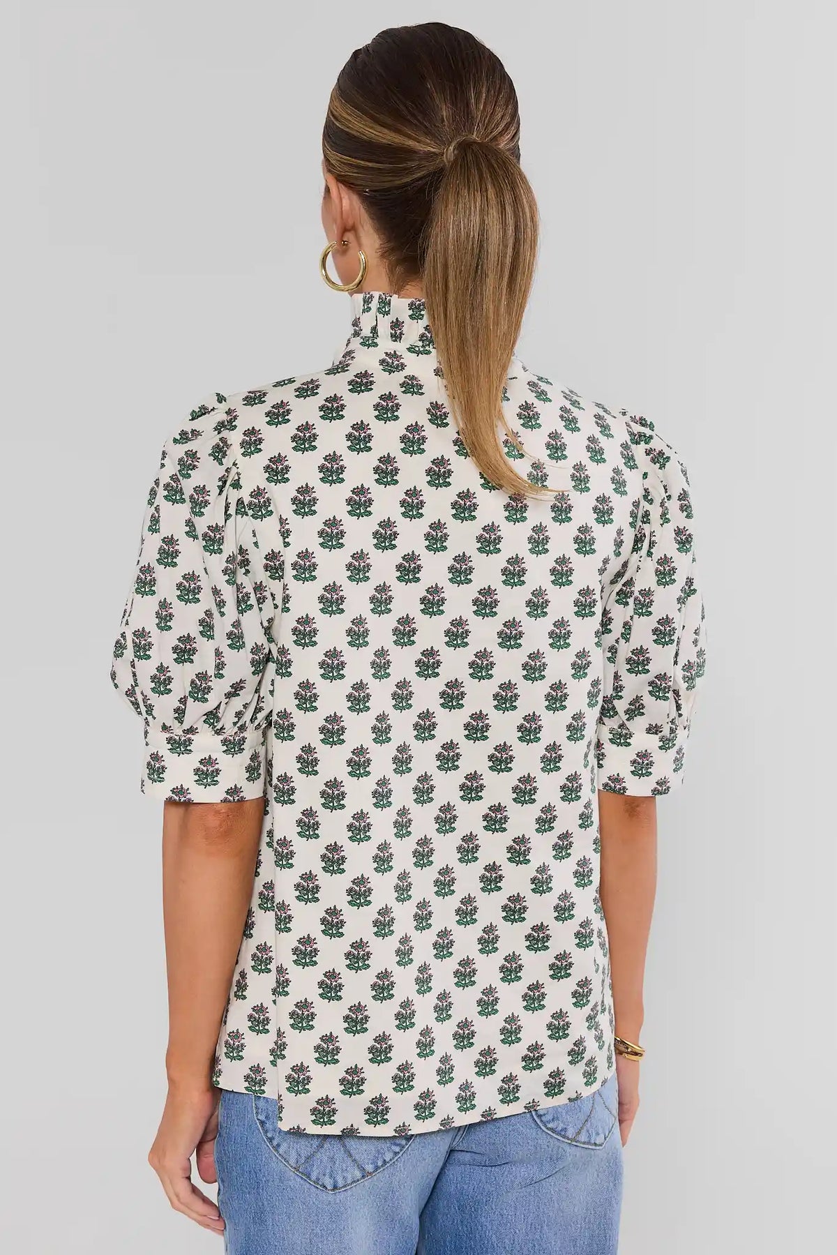 Delaney White Floral Puff Sleeve Top - Back View showing elbow-length sleeves | Avara