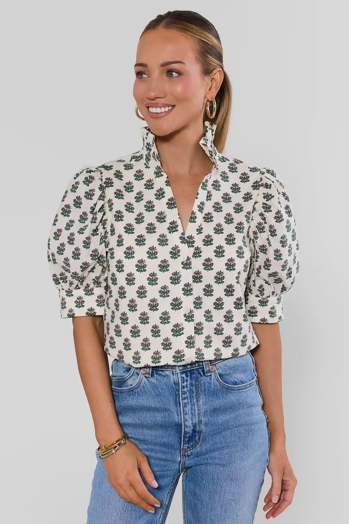 Delaney White Floral Button-Up Top with puff sleeves paired with blue jeans - Front View | Avara