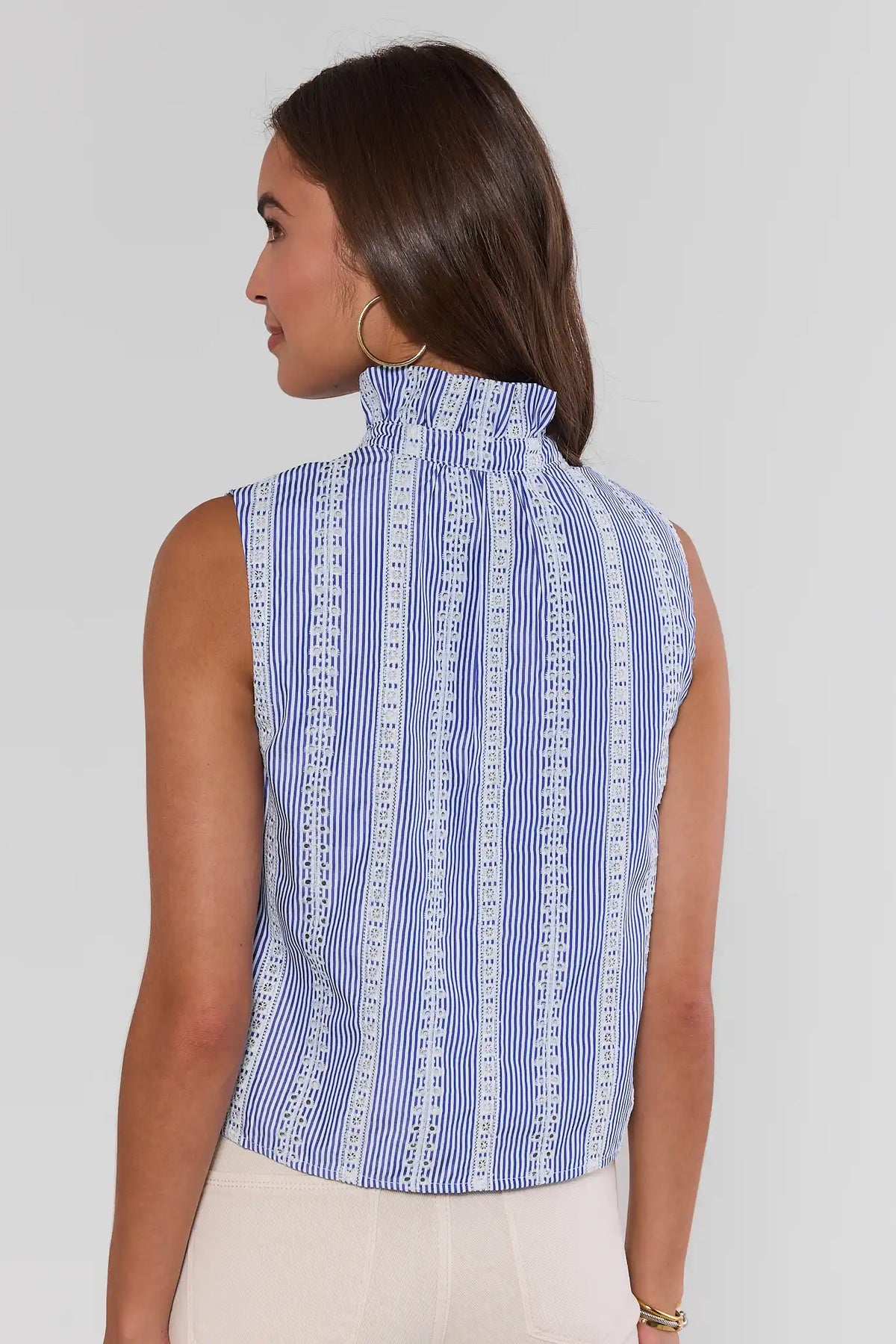 Blue stripe embroidered tank top showing ruffle collar and embroidery detail - Back View | Avara