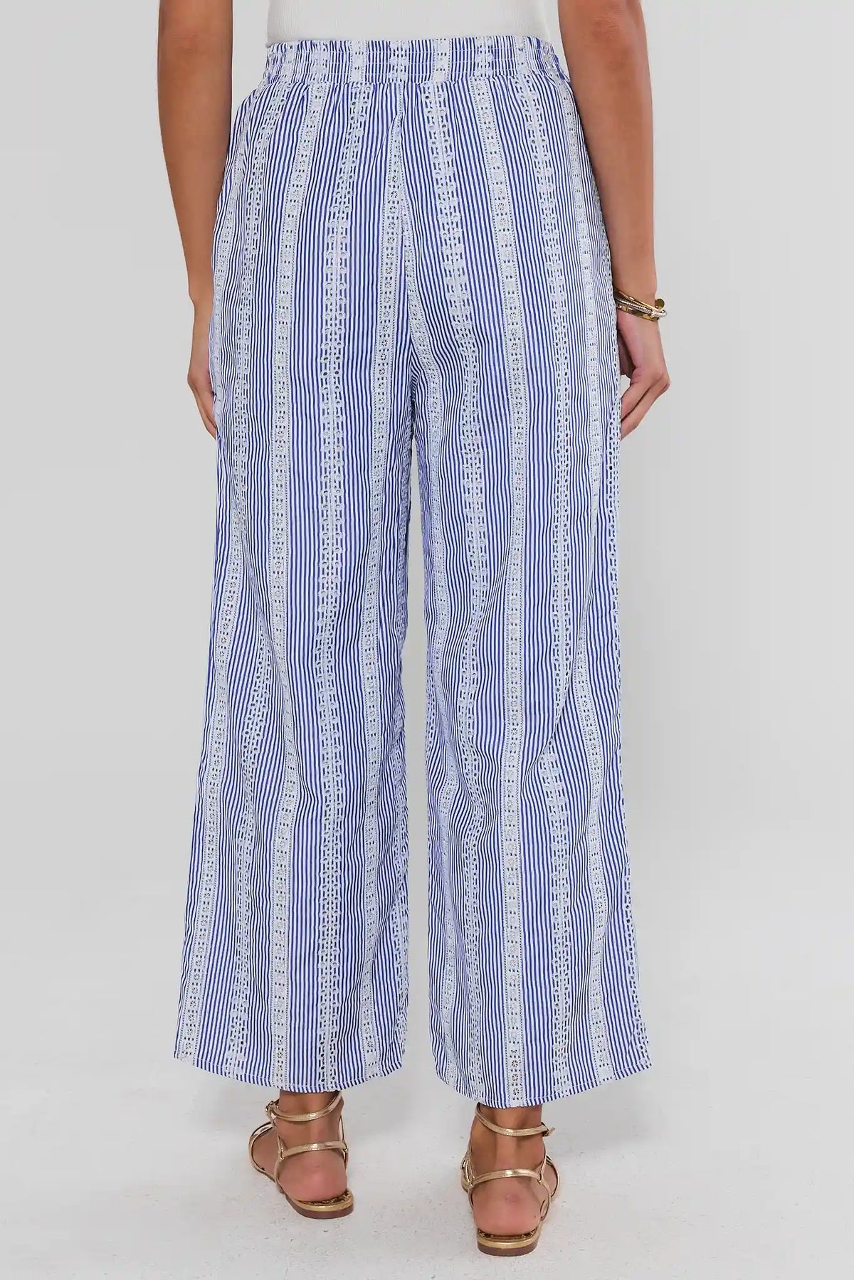 Blue stripe embroidered relaxed wide-leg pants, on model back view showing full silhouette | Avara