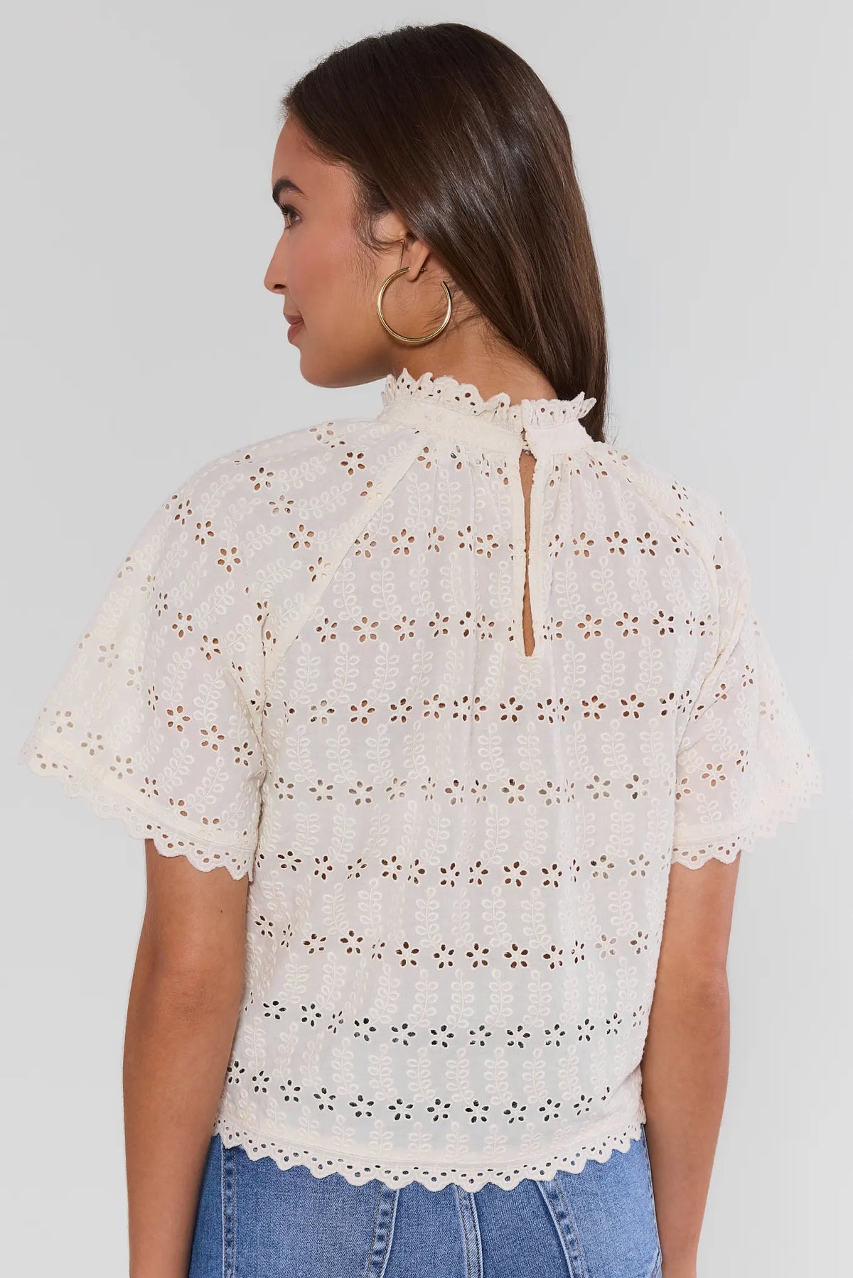 White Floral Eyelet Top - Back View showing keyhole closure, scalloped trim, and flutter sleeves | Avara