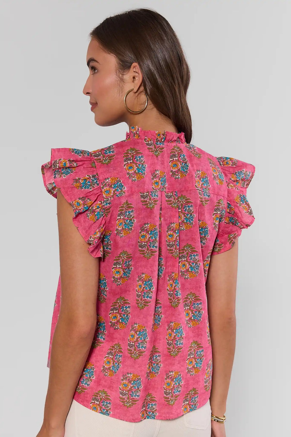 Pink Floral Printed Pleated Top by THML - Back View with Ruffle Sleeves, Women's Printed Top | Avara