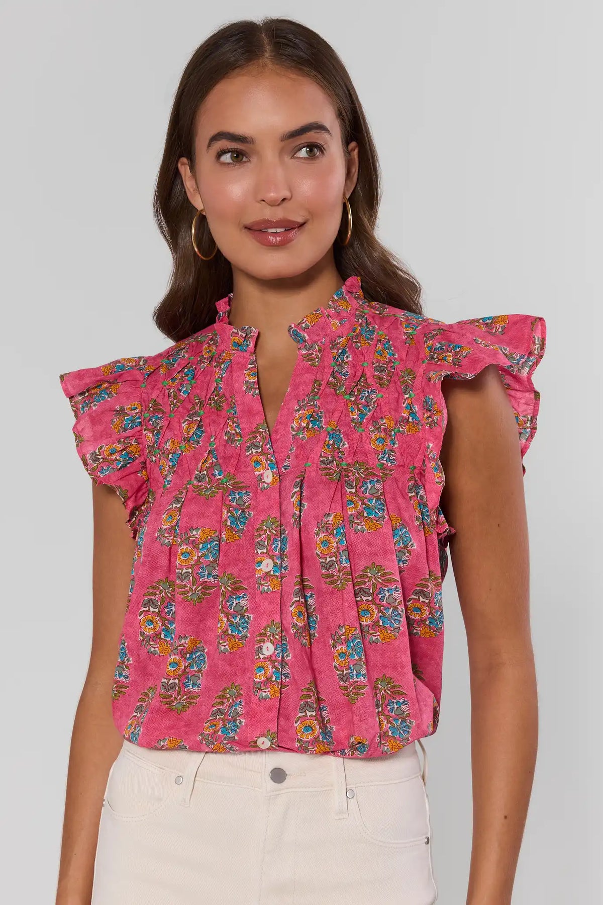 Pink Floral Printed Pleated Top by THML - Flutter Sleeve Front View, Cute Top for Women | Avara