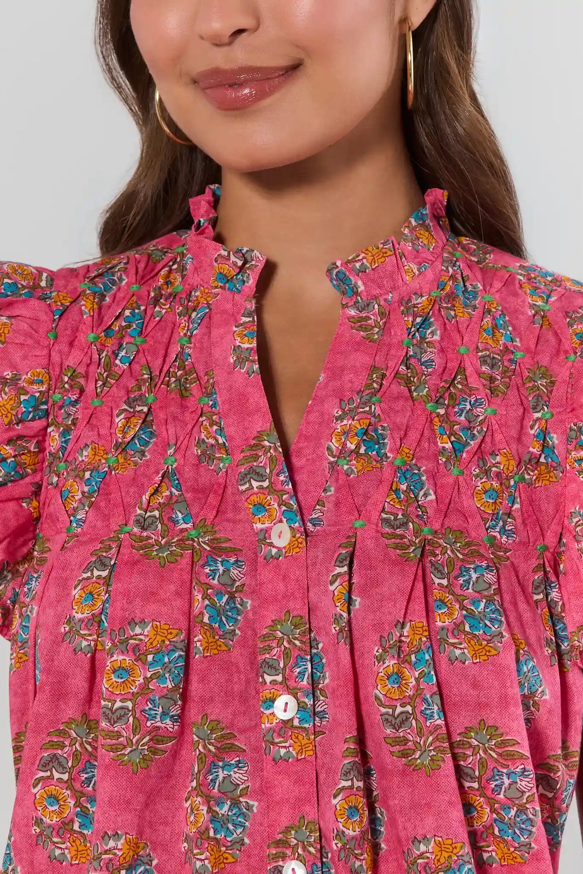 Pink Floral Pleated Top by THML - V-Neckline & Pleat Detail Close-Up, Printed Women's Top | Avara