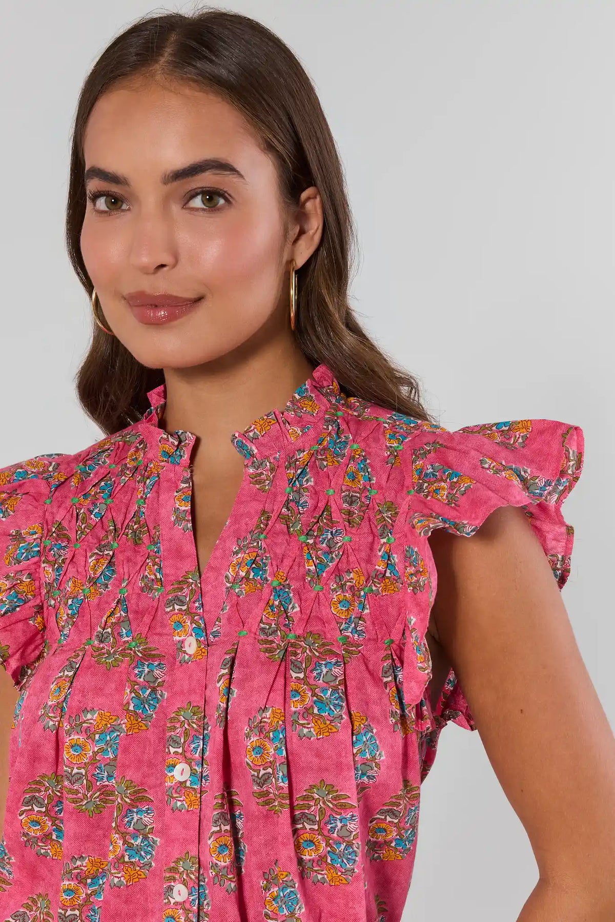 Pink Floral Printed Pleated Top by THML - Flutter Sleeve Side Profile, Cute Top for Women | Avara