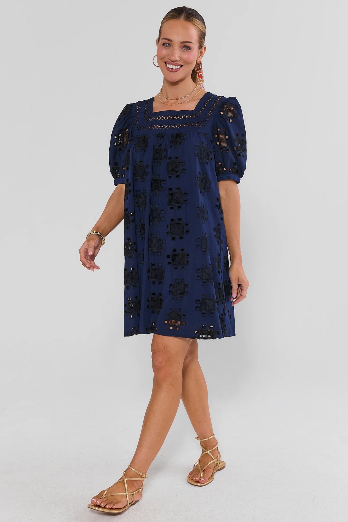 Navy Eyelet Square Neck Short Dress full-length front view styled with gold sandals | Avara