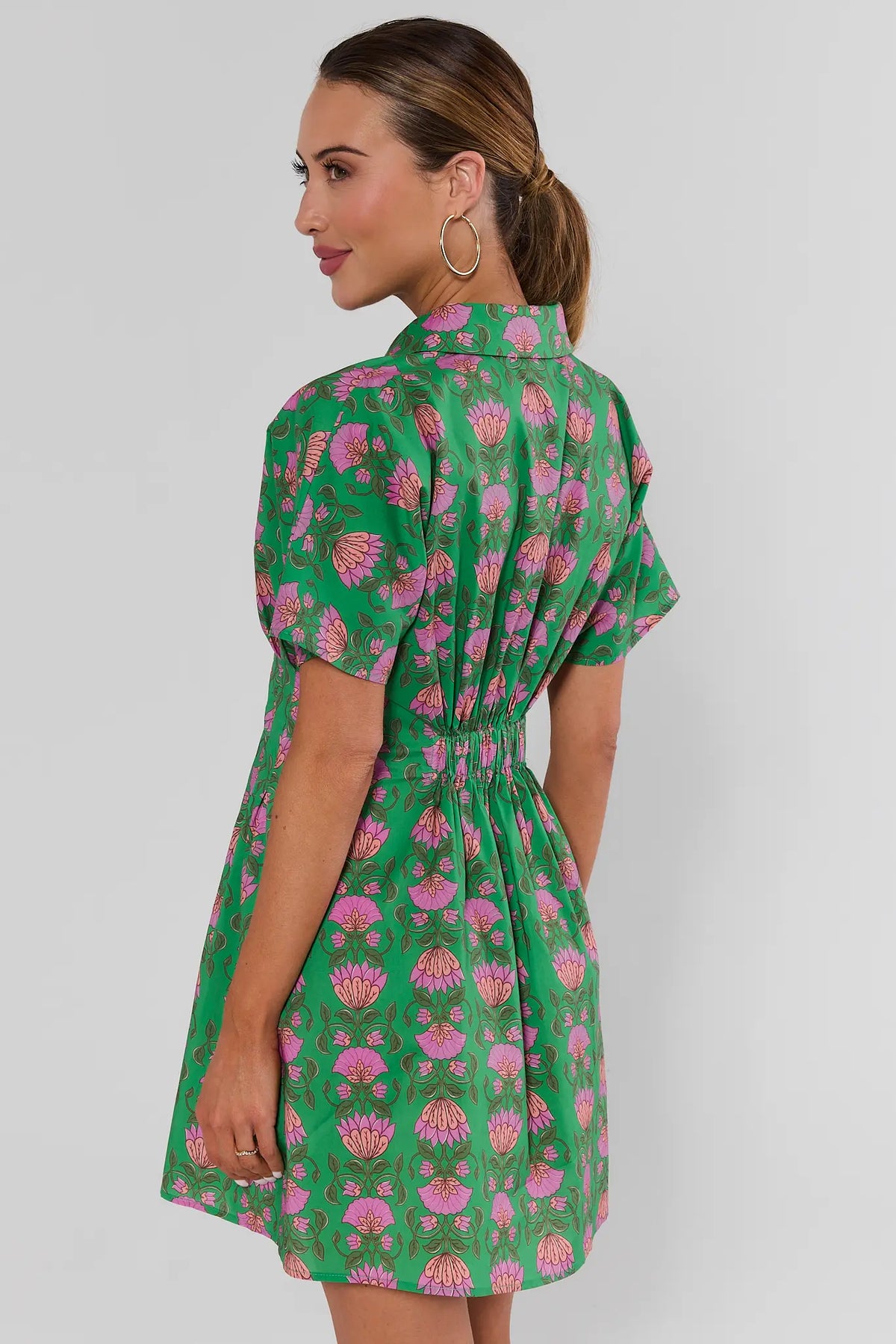 Olivia Green Floral Button Up Short Dress - Back View showing elastic waist detail | Avara