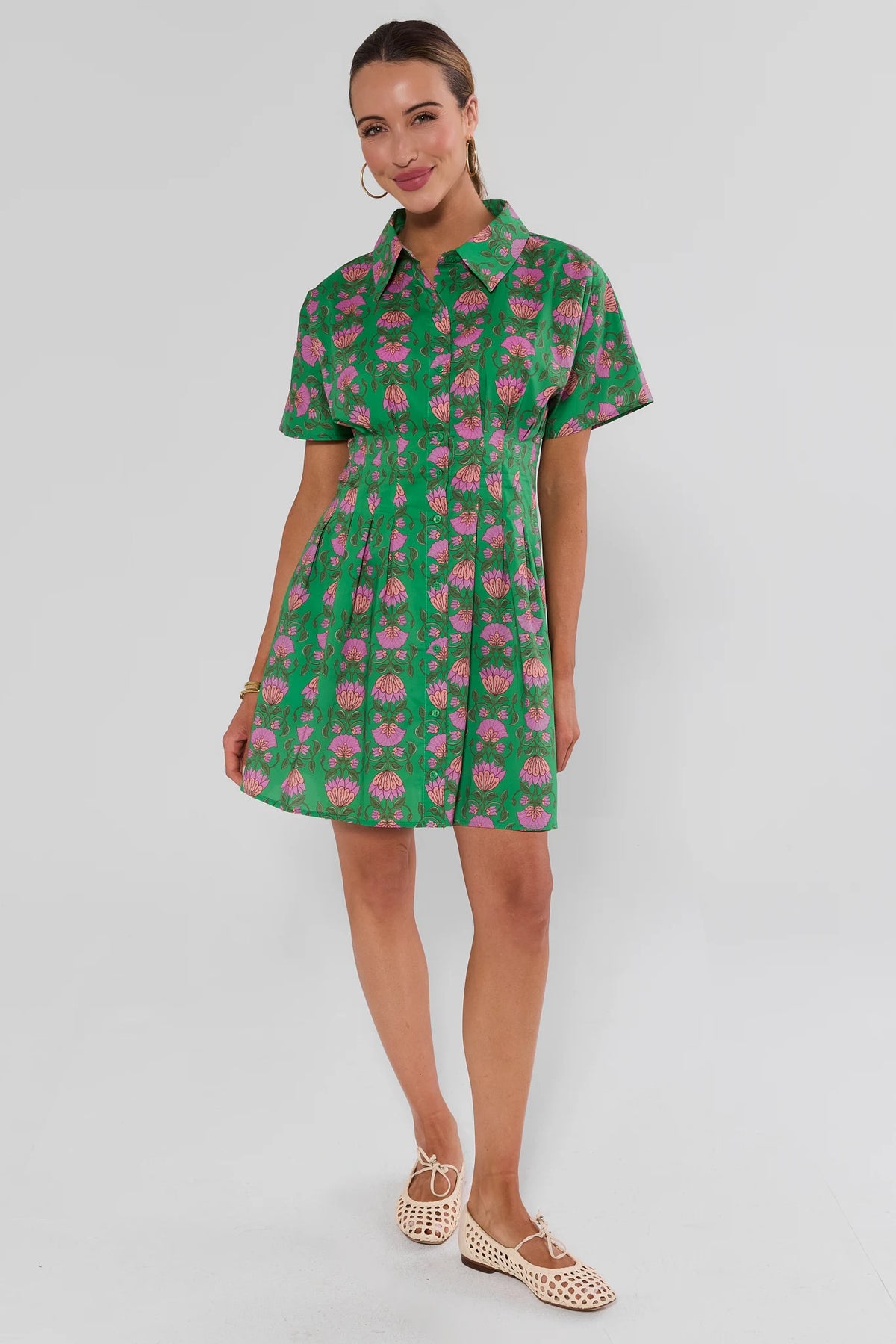 Olivia Green Floral Short Dress Full-Length Front View styled with white ballet flats | Avara