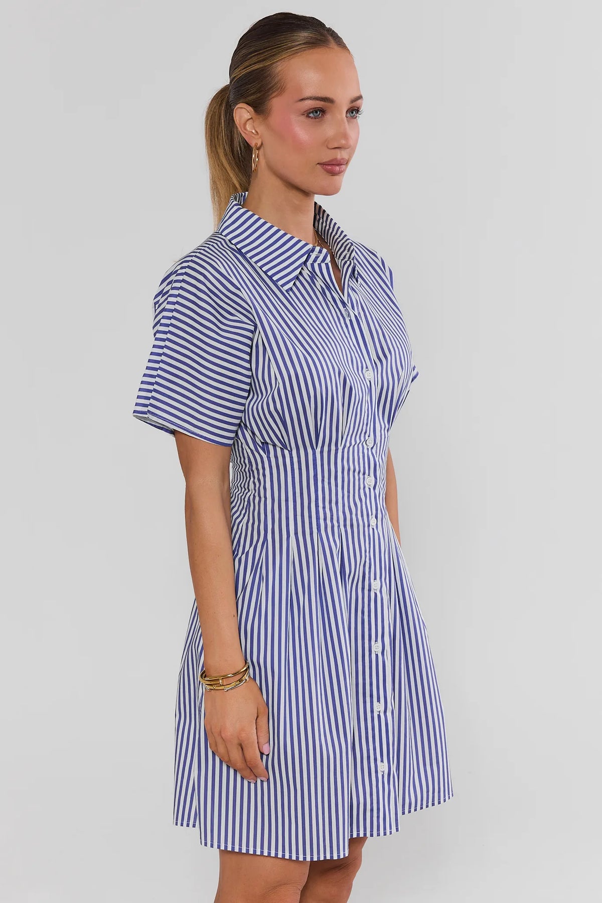 Olivia Blue Striped Button Up Short Dress - Side Profile showing A-line skirt and short sleeve | Avara