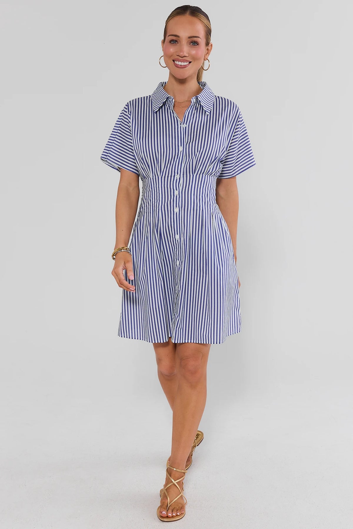Olivia Blue Striped Button Up Short Dress - 3/4 Front Angle, flattering A-line silhouette | Avara