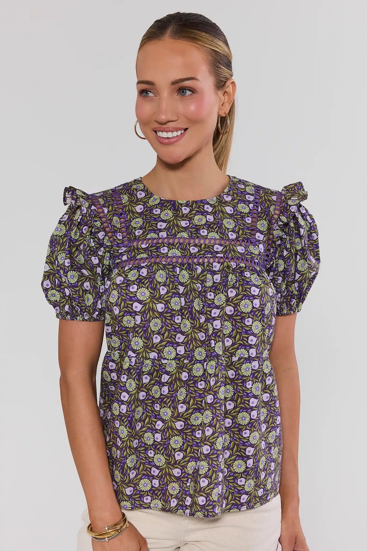 Maggie Purple Floral Print Puff Sleeve Top with ruffle shoulders - Front View | Avara