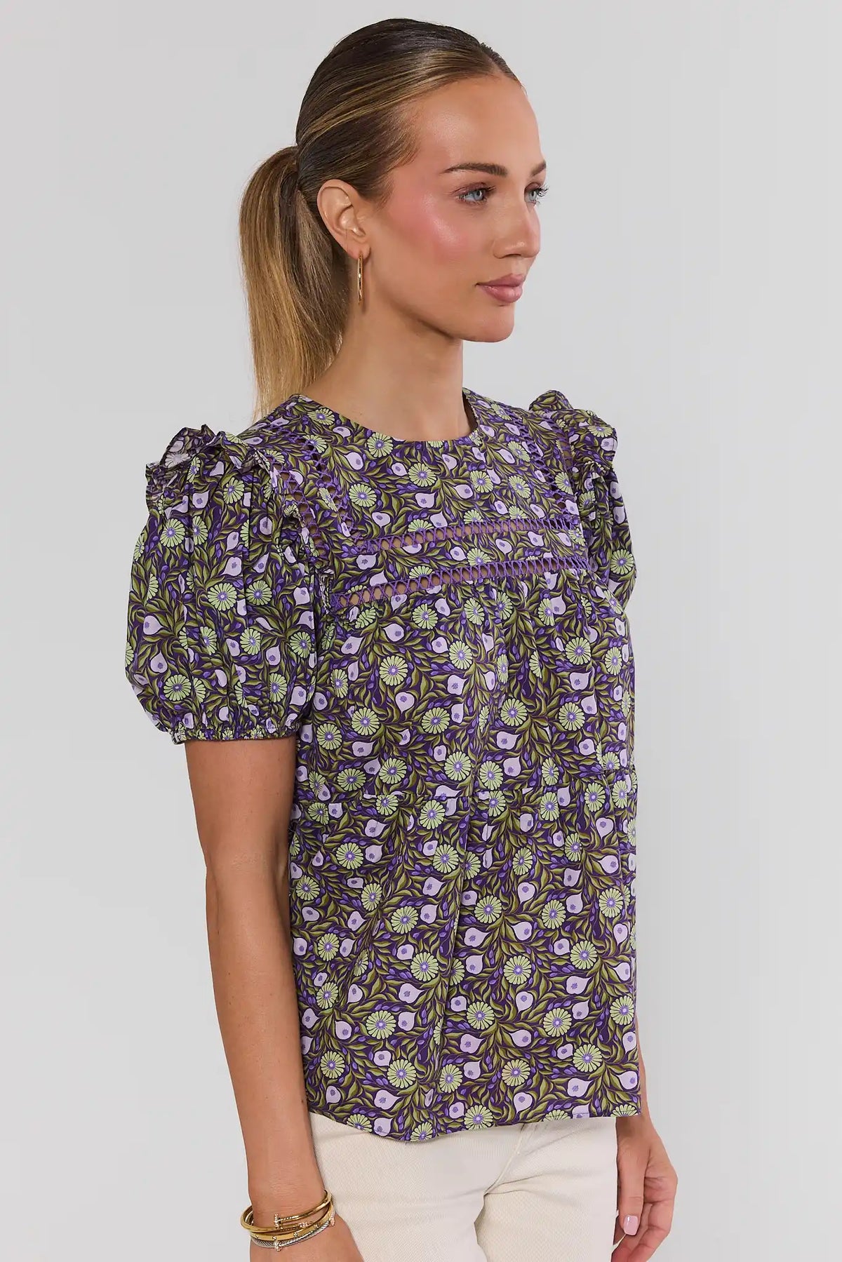 Maggie Purple Floral Print Puff Sleeve Top with ruffle shoulders - Side Profile | Avara