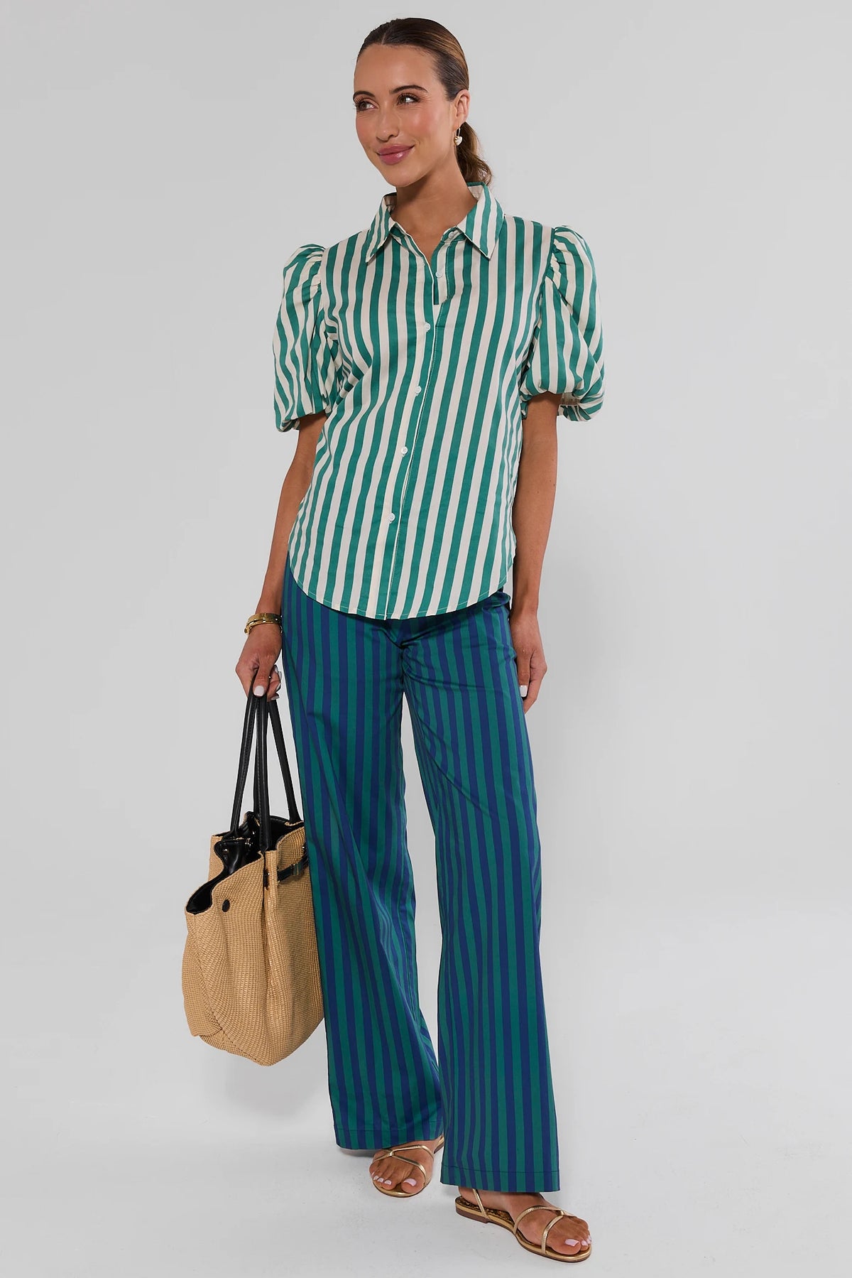 Sabine Green Stripe Wide Leg Pants styled with matching striped top and straw tote - Full Look | Avara