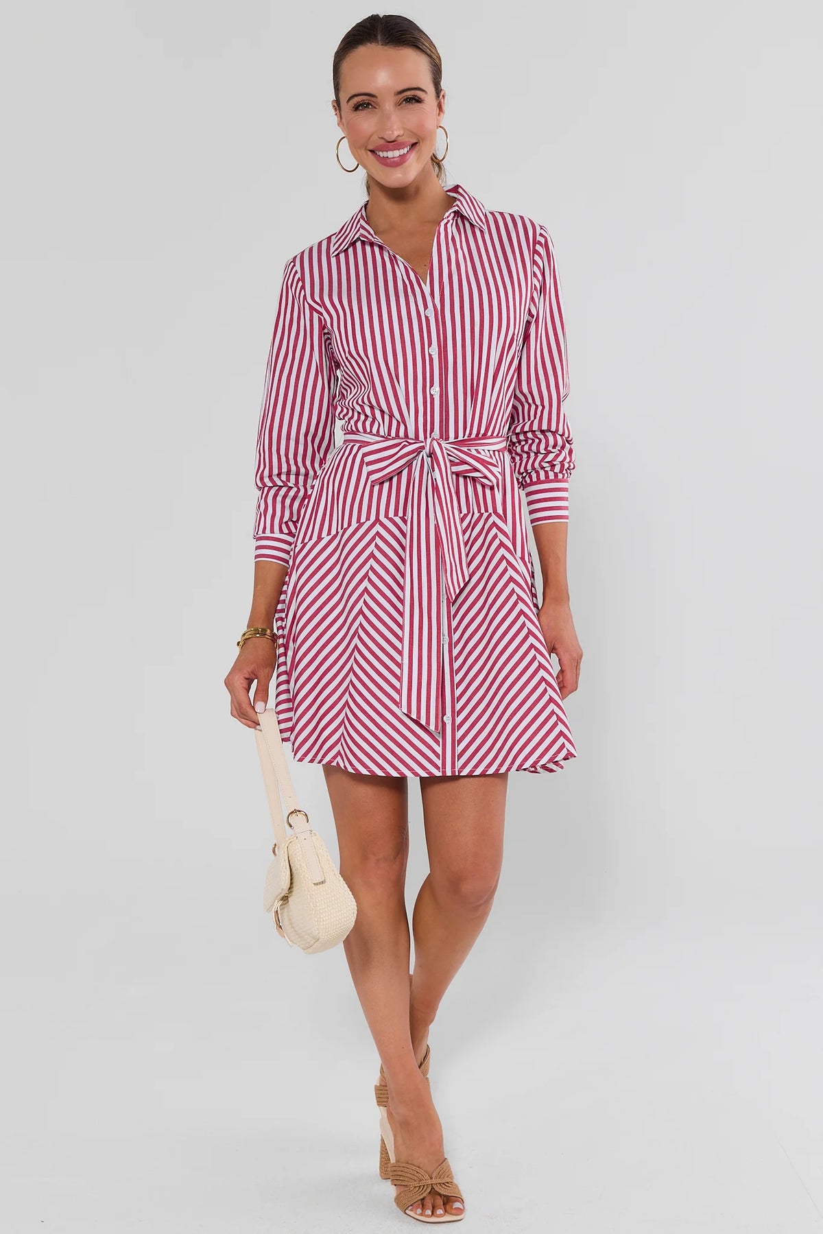 Red striped short dress styled with cream bag and tan heels - Full Length Styled Look | Avara