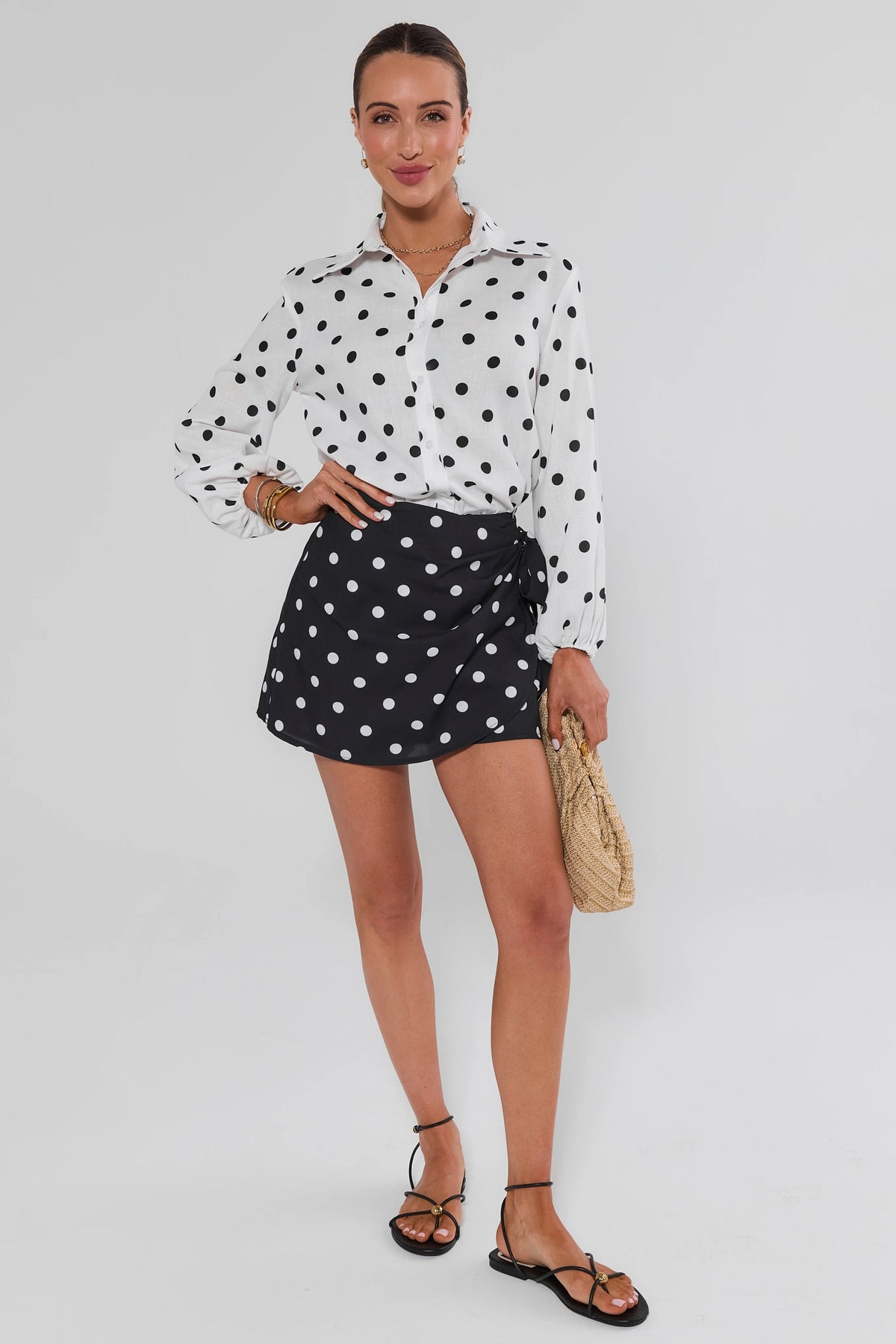 Cassidy White Polka Dot Top styled with matching black polka dot skort - Full Length Front View | Avara