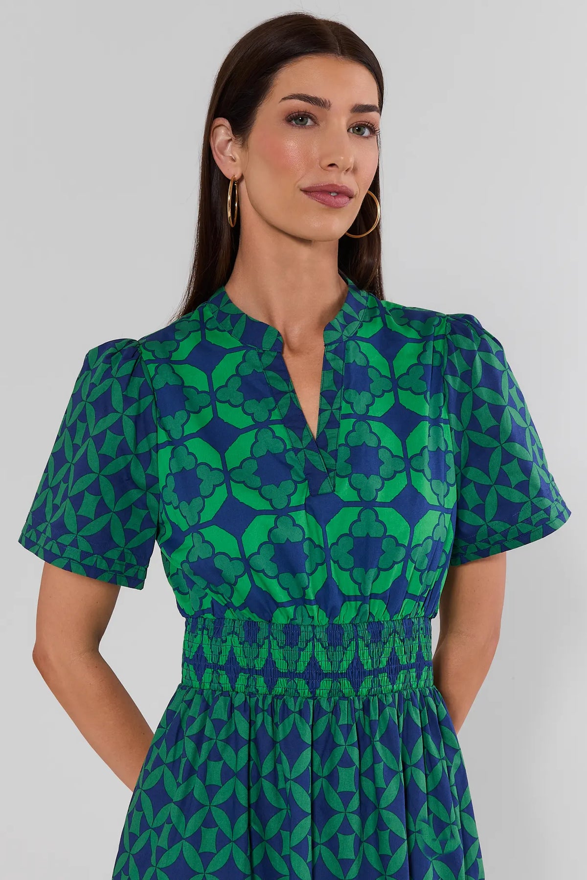 Isabella Green Navy Abstract Print Maxi Dress - Close-Up of V-Neckline, Puff Sleeve & Smocked Waist Detail | Avara