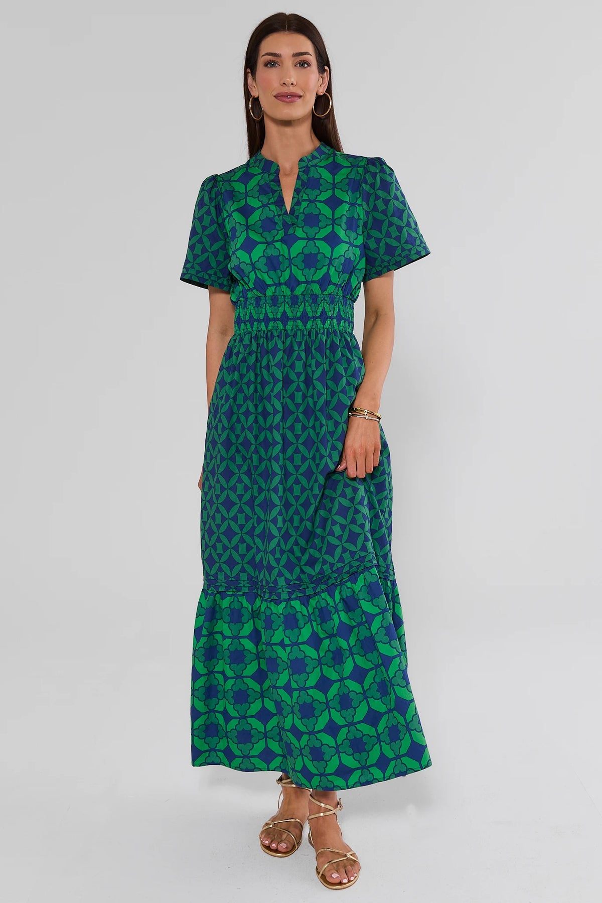 Isabella Green Navy Abstract Print Tiered Maxi Dress, smocked waist, short sleeves, full-length front view | Avara