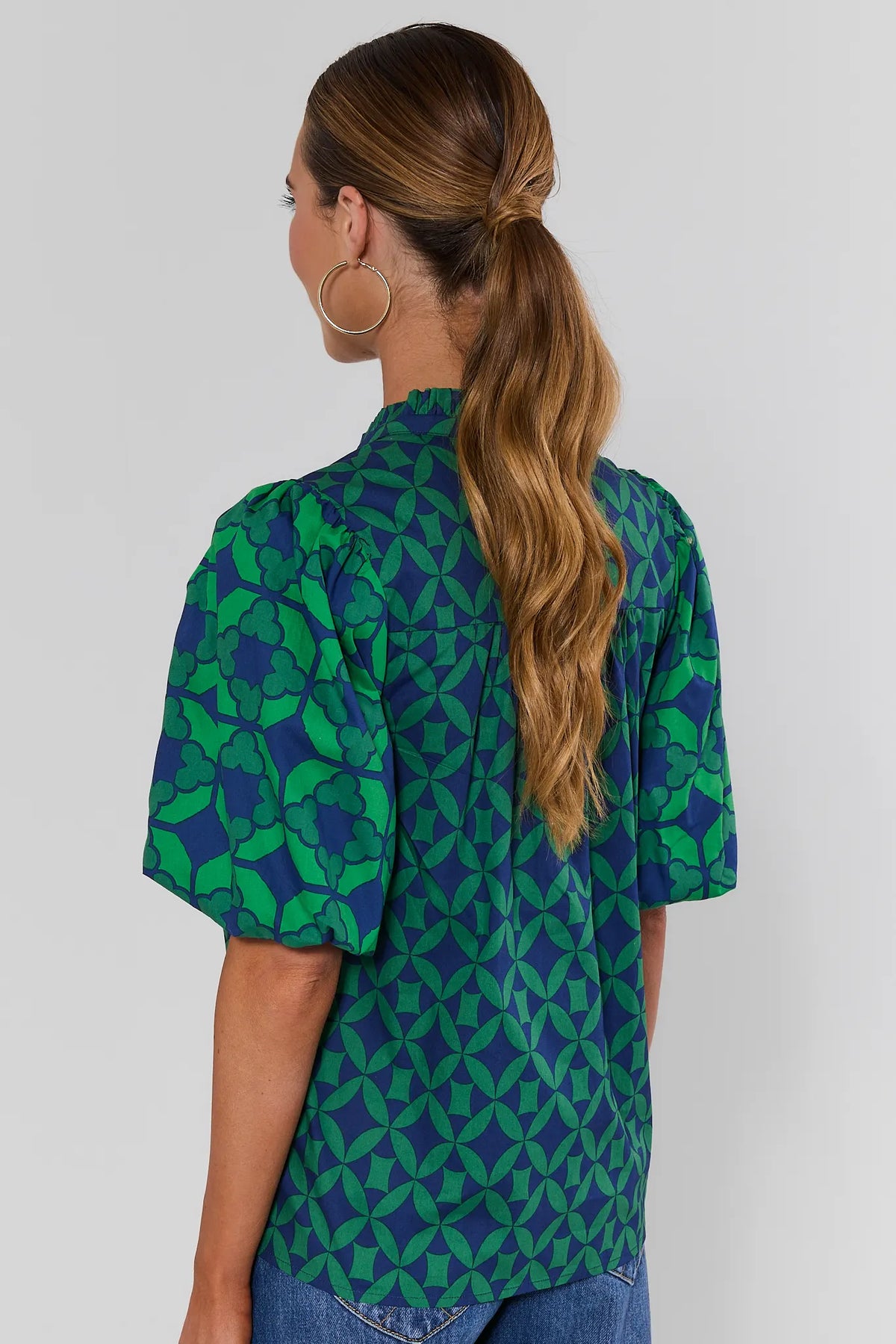 Rebecca Green Printed Puff Sleeve Top showing geometric print and puff sleeve detail - Back View | Avara