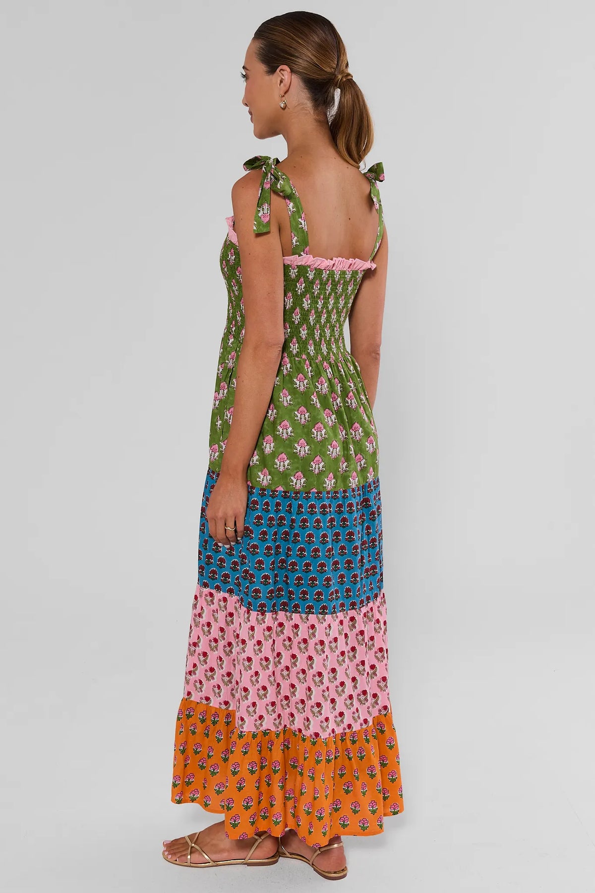 Multi Print Smocked Maxi Dress by THML - back view showing smocked bodice, tie straps & tiered floral skirt | Avara