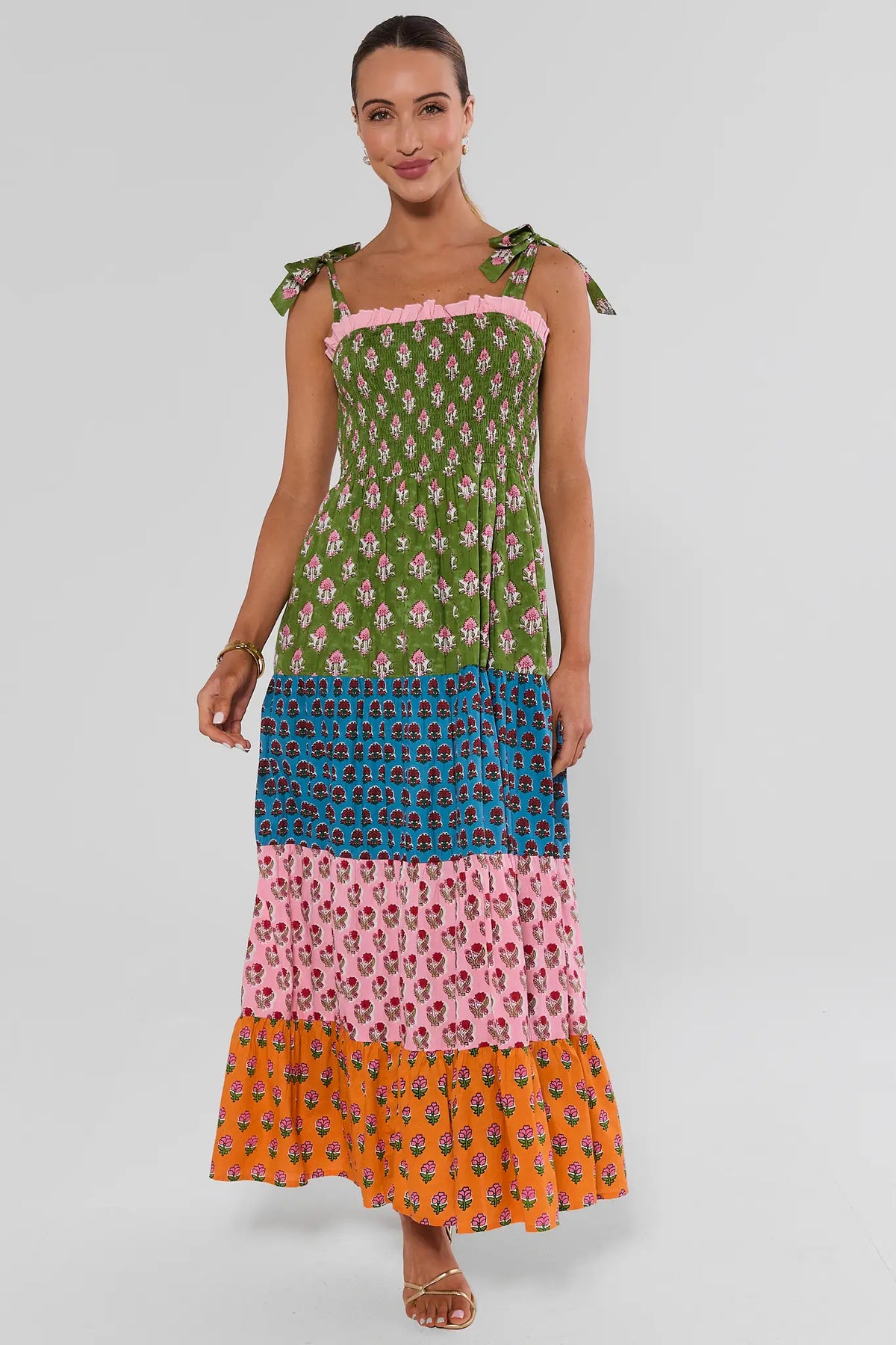 Multi Print Smocked Maxi Dress by THML - front view, tiered multi-print maxi dress in green, blue, pink & orange | Avara