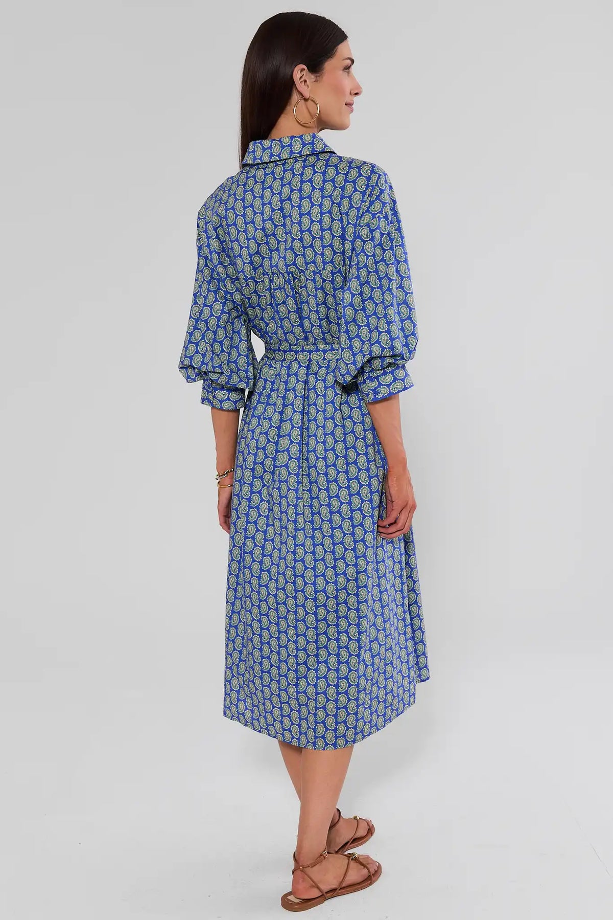 Summerlyn Blue Paisley Print Midi Dress puff sleeves and full skirt - Back View | Avara