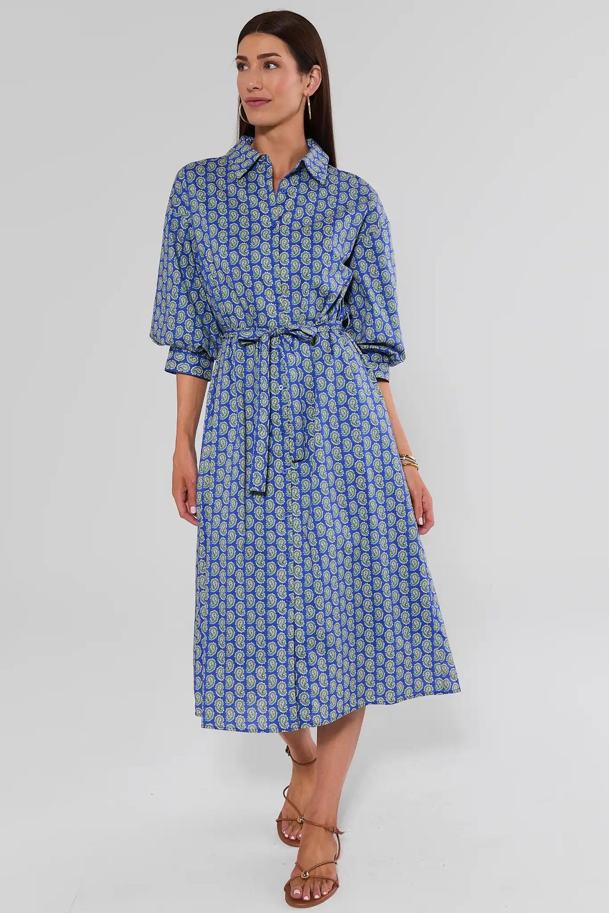 Summerlyn Blue Paisley Print Midi Dress with tie waist and puff sleeves - Front View | Avara
