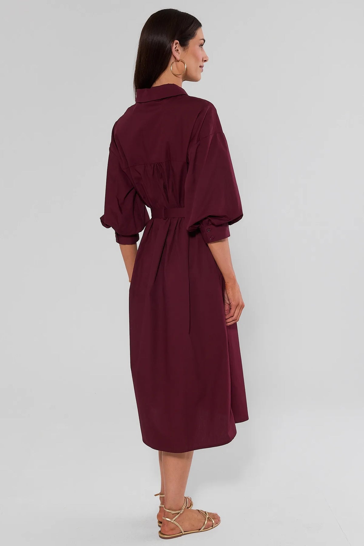 Summerlyn Burgundy Midi Dress - back view showing gathered waist detail, self-tie belt, and midi hem length | Avara