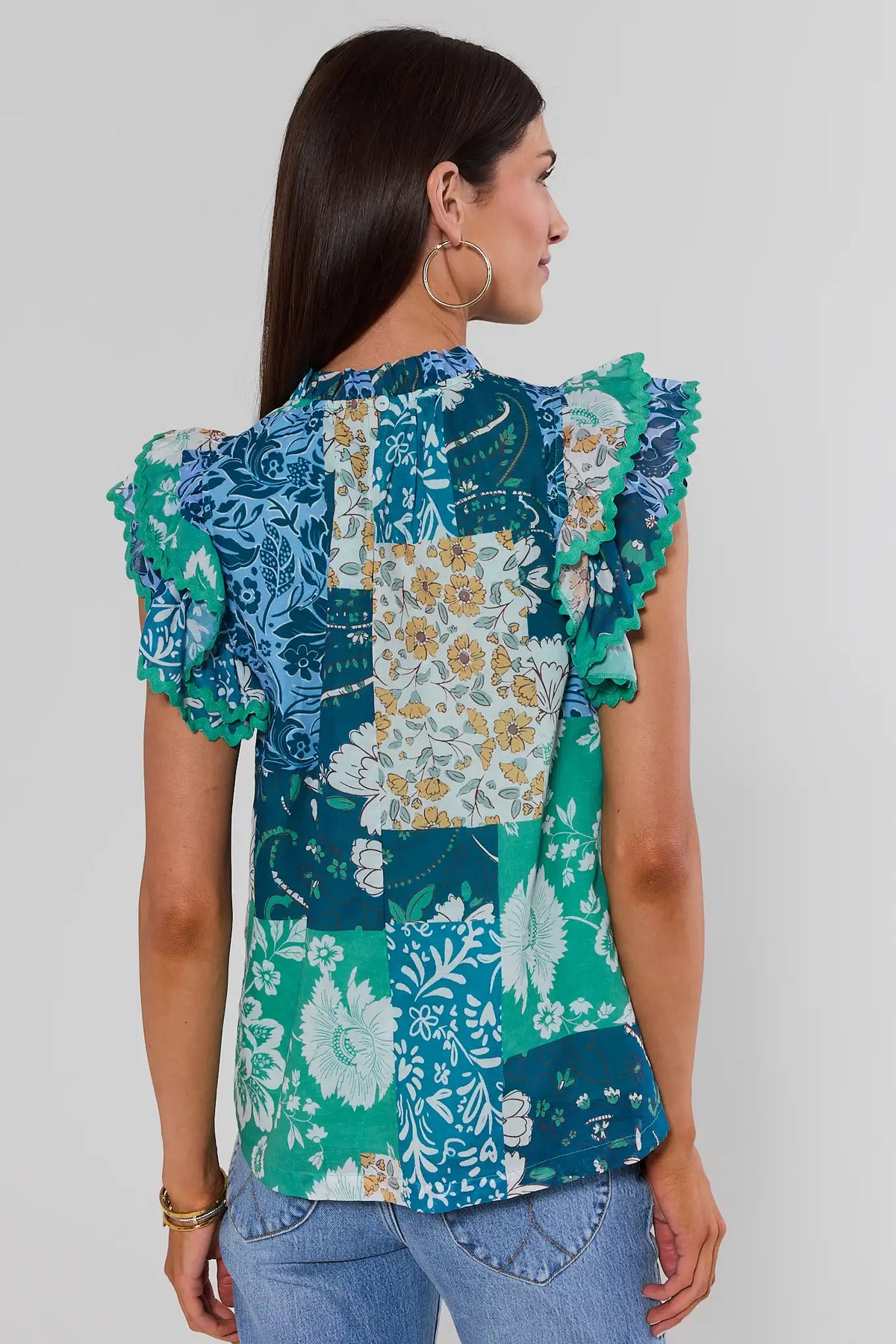 Green Multi Patchwork Print Top back view showing allover patchwork floral print and ric-rac ruffle sleeves | Avara