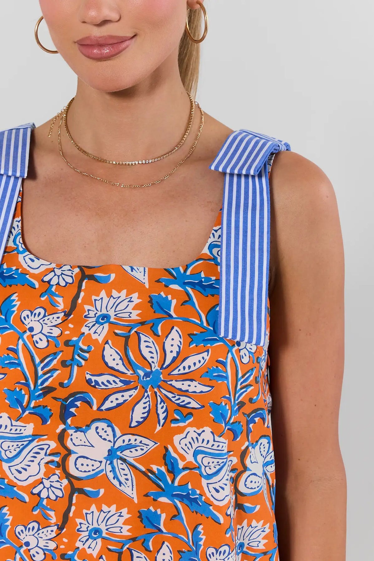 Orange Floral Print Shift Dress square neckline and striped bow strap detail - Close-Up | Avara