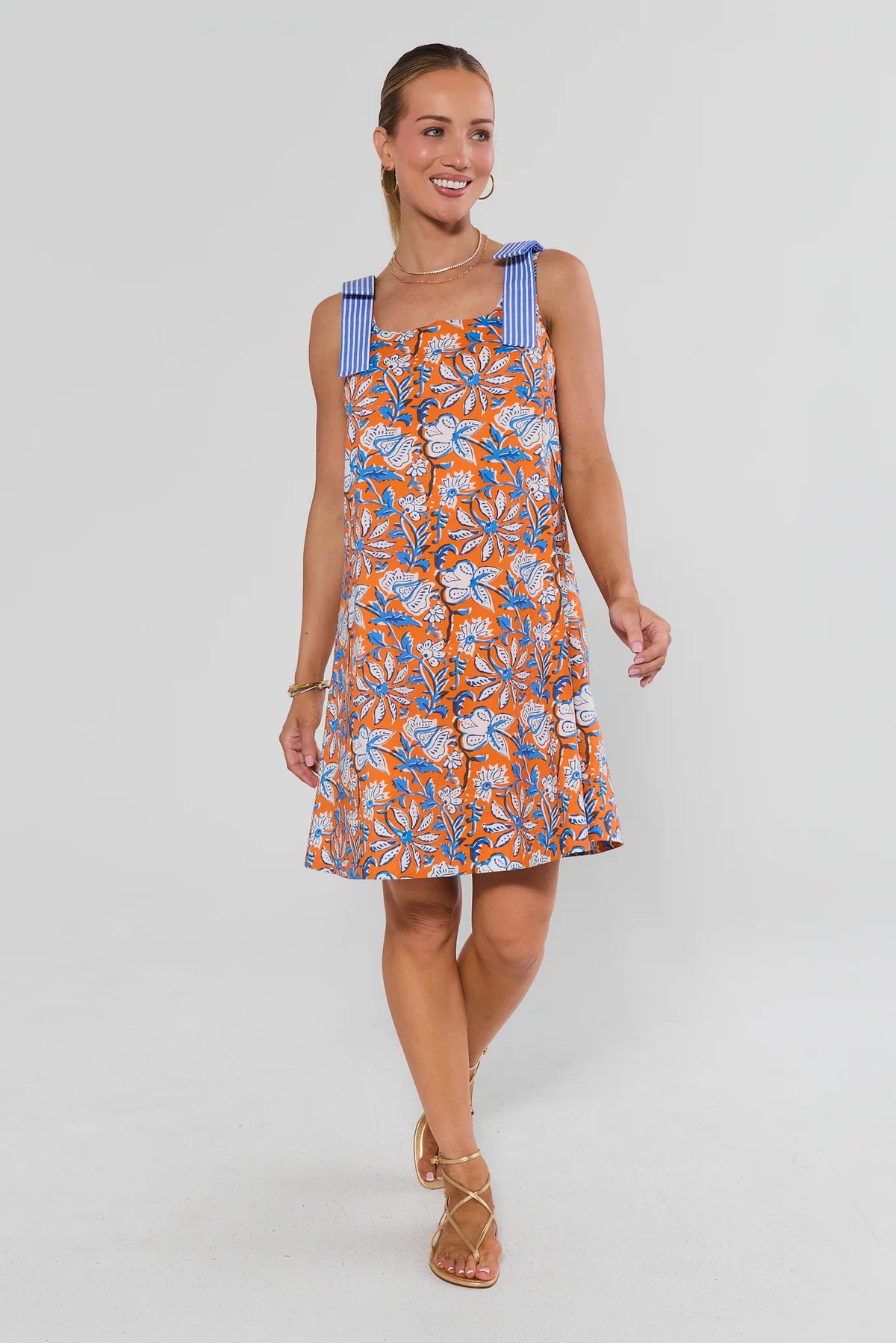 Orange Floral Print Shift Dress styled with gold sandals - Full Length Front View | Avara