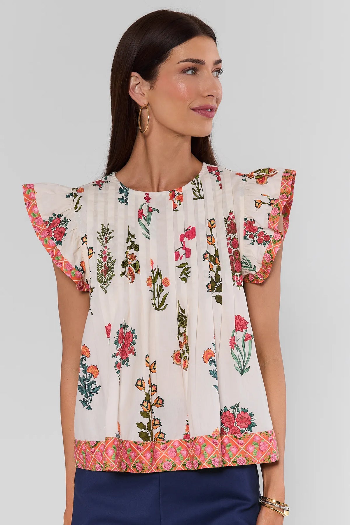 White Floral Printed Top by THML with ruffle flutter sleeves and contrast trim - Front View | Avara