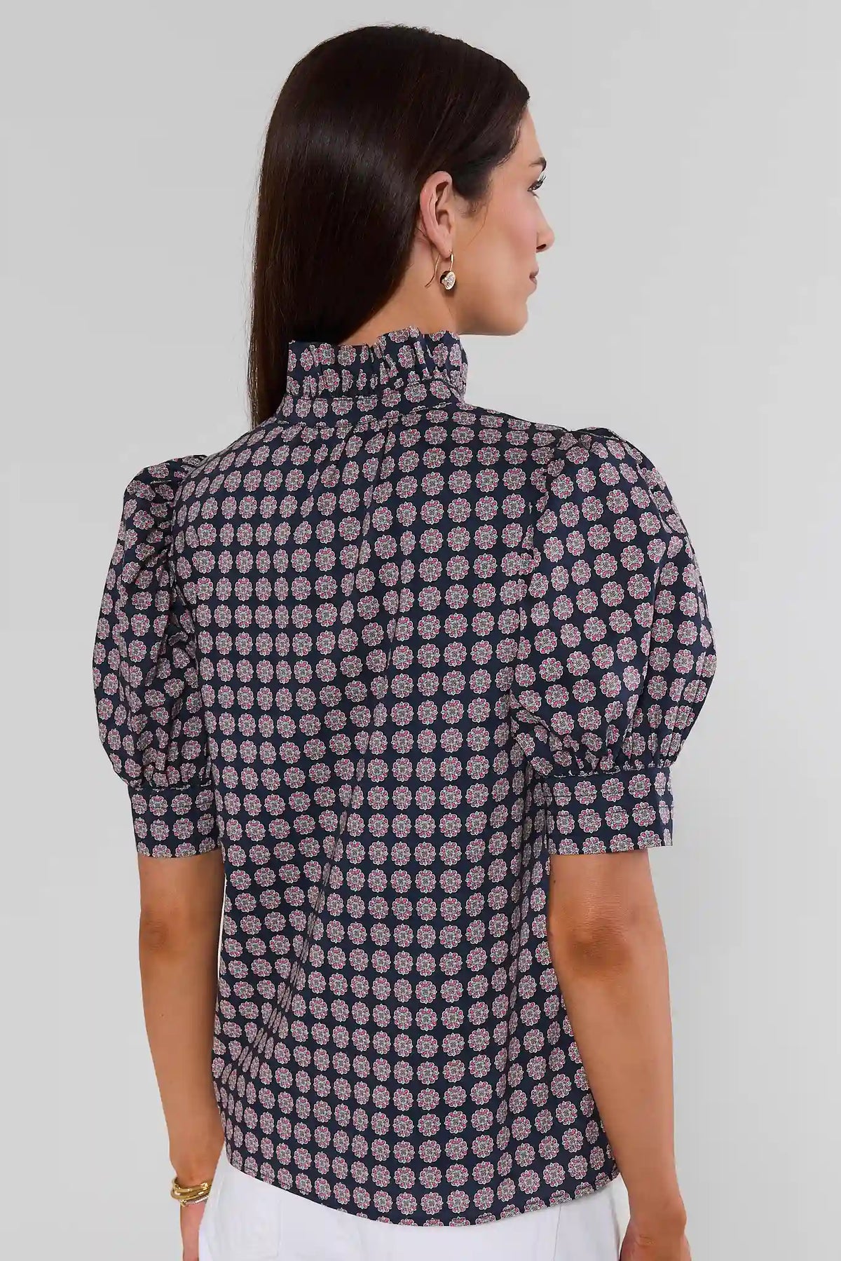 Daphne Navy Geometric Print Button-Up Top - Back View, Ruffle Collar Detail | Avara