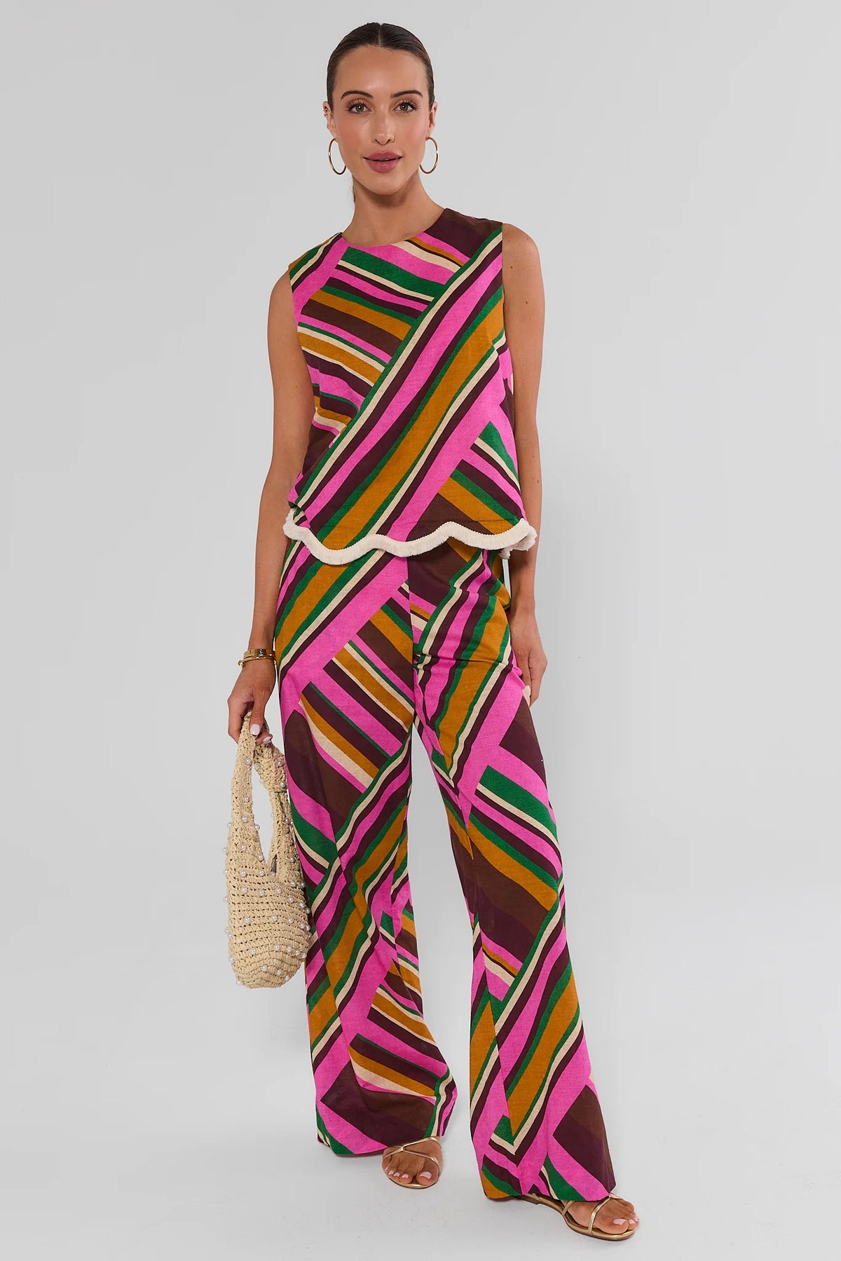 Woman wearing Gabby Multi Striped Wide Leg Pants and matching top on a white background