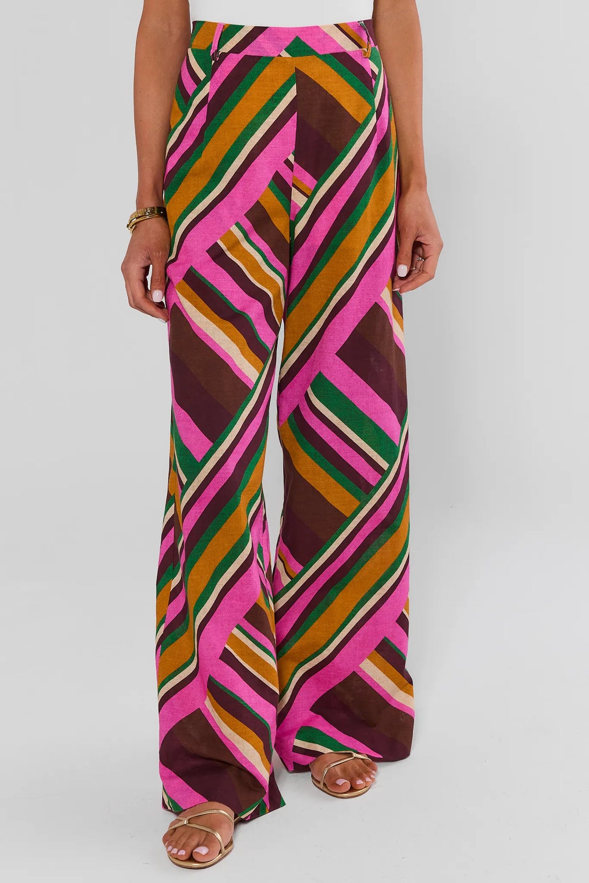 Woman wearing Gabby Multi Striped Wide Leg Pants on a white background