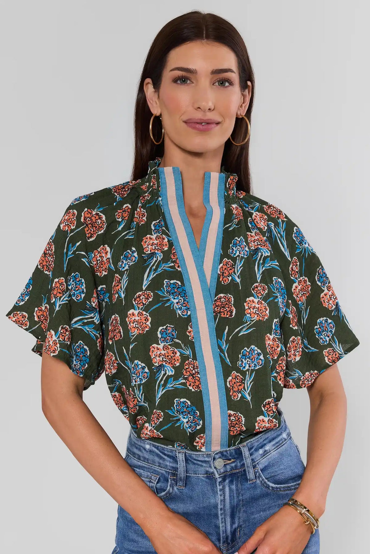 Macey Forest Green Floral Top by THML - Front View, Flutter Sleeve & Striped Trim, Women's Cute Top | Avara