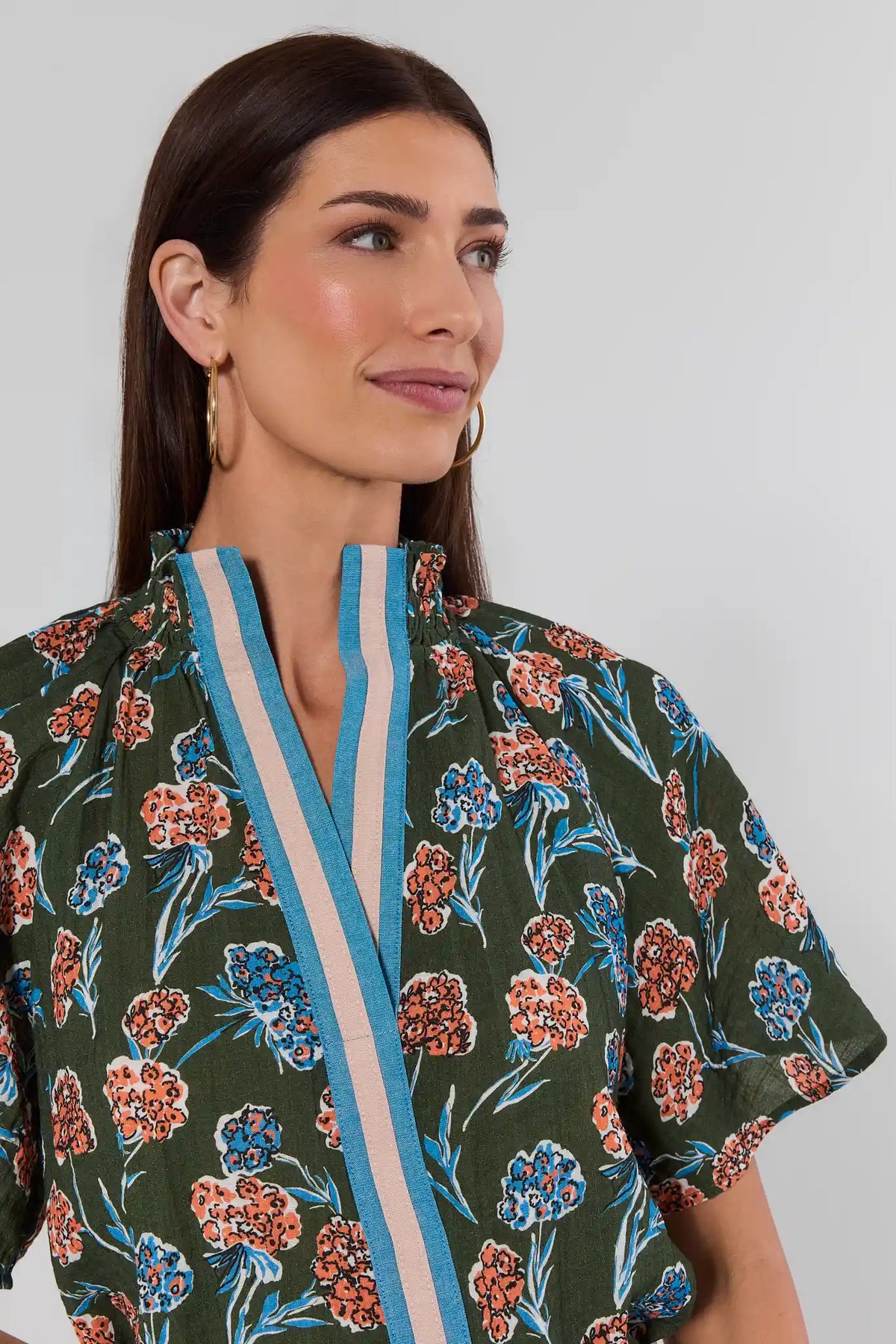 Macey Forest Green Floral Top by THML - Close-Up V-Neckline & Blue Striped Trim Detail | Avara