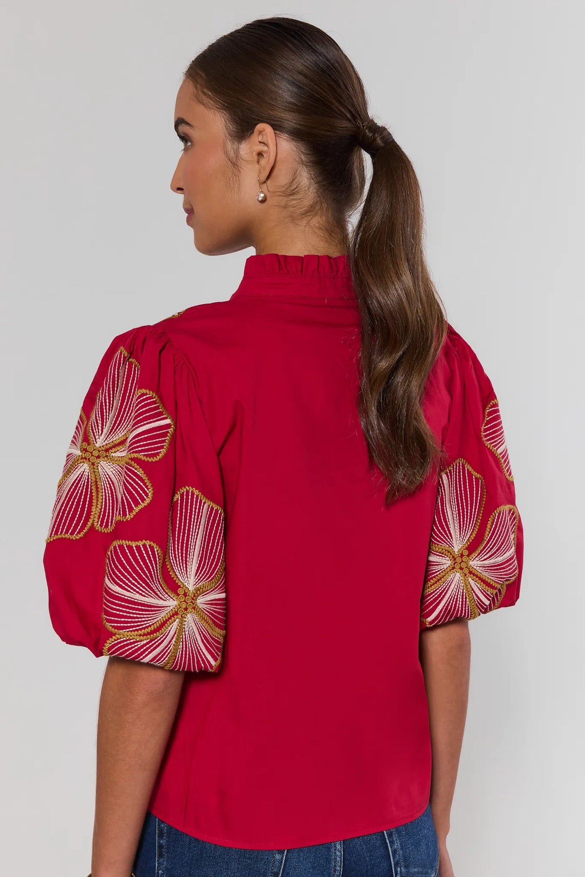 Back view of red THML Harley Top showing gold and white floral embroidery on puff sleeves and clean back | Avara