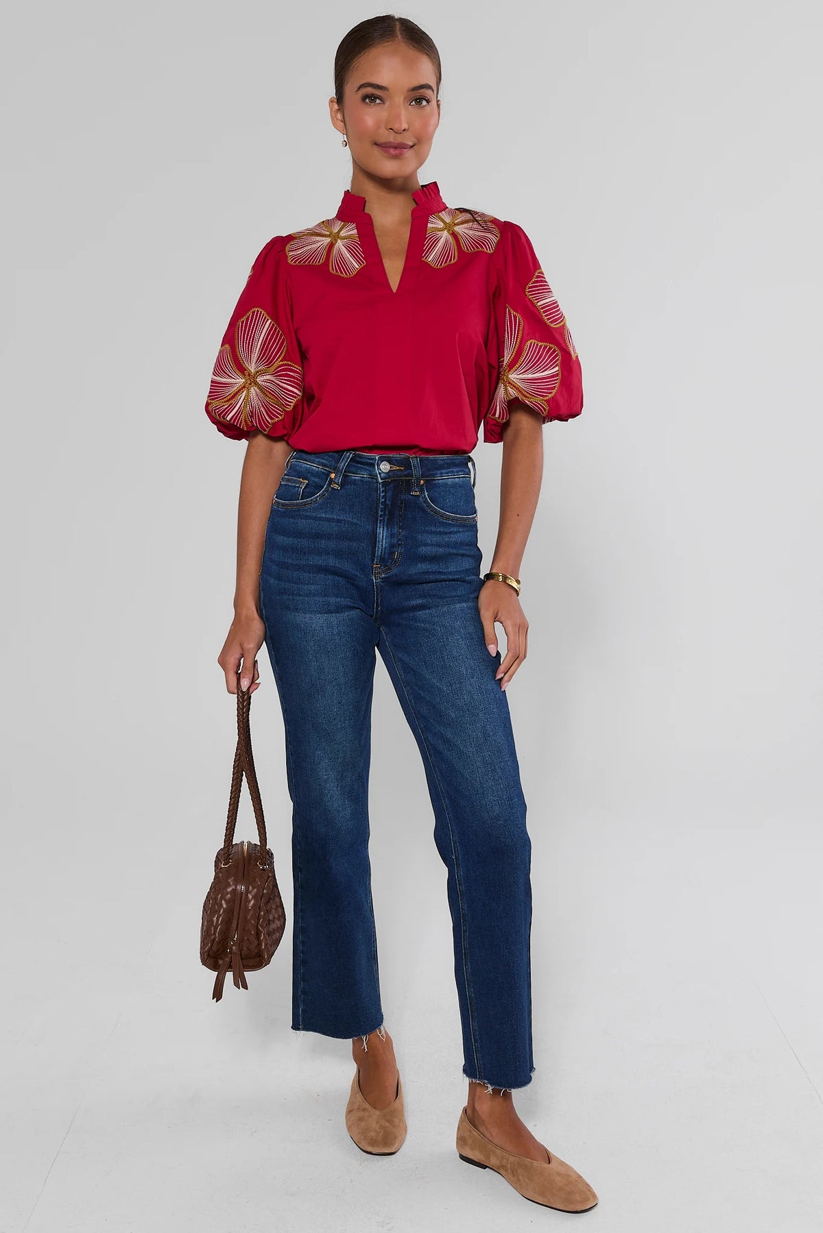 THML Harley Red floral embroidered top styled with dark wash jeans, tan loafers, and brown bag - full length | Avara