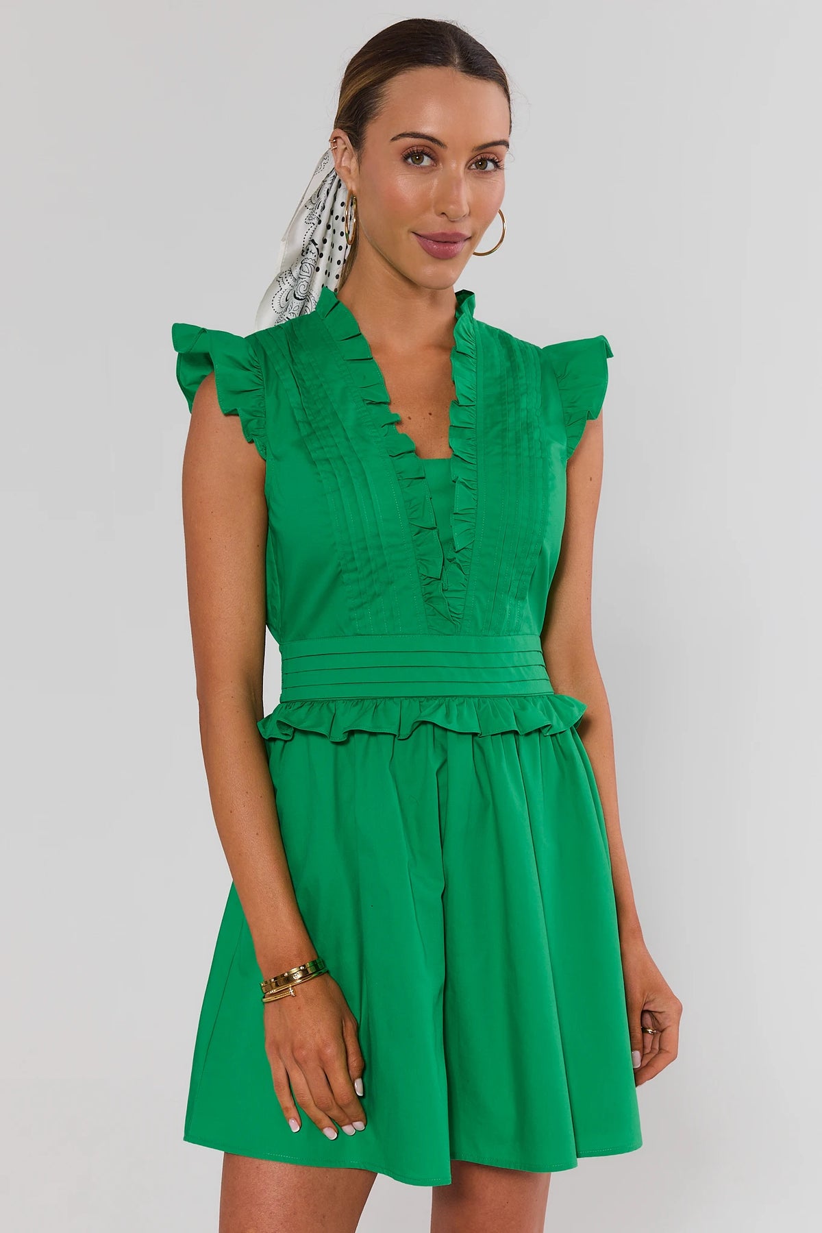 Makayla Green Flutter Sleeve Short Dress with ruffled V-neckline, pleated bodice, and A-line skirt - Front View | Avara